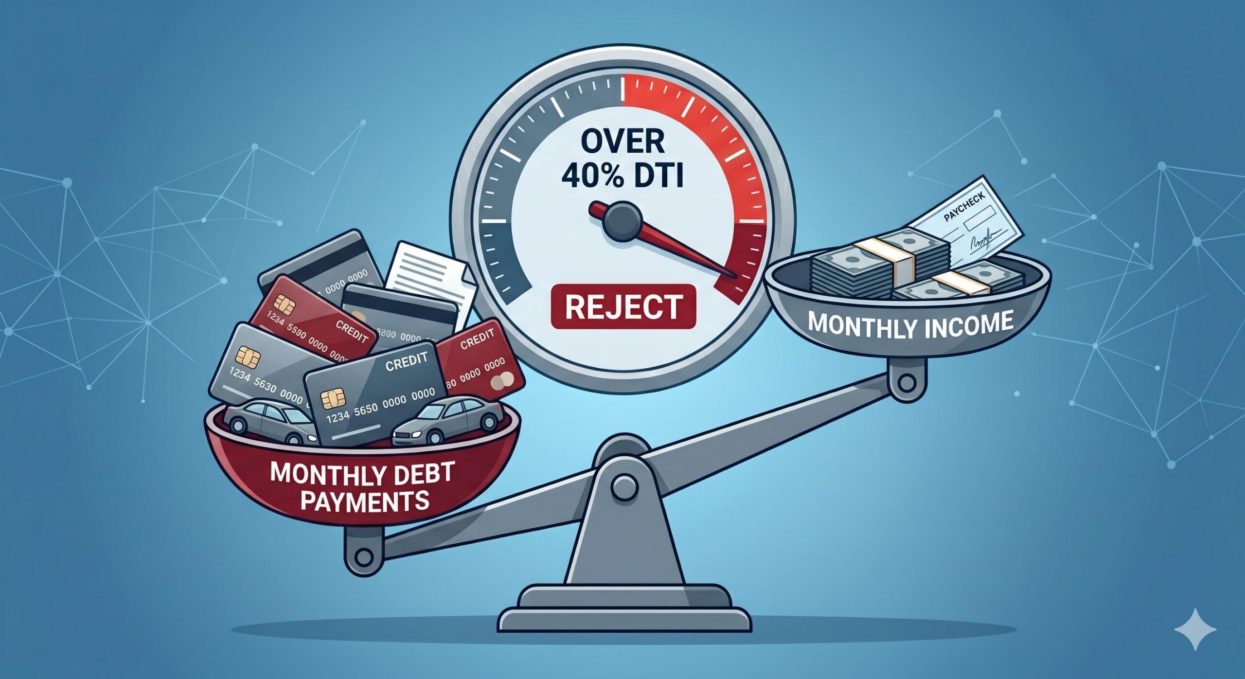 A tilted scale illustration, where heavy 'Debt Payments' outweigh smaller 'Income,' visually representing a high Debt-to-Income (DTI) ratio.