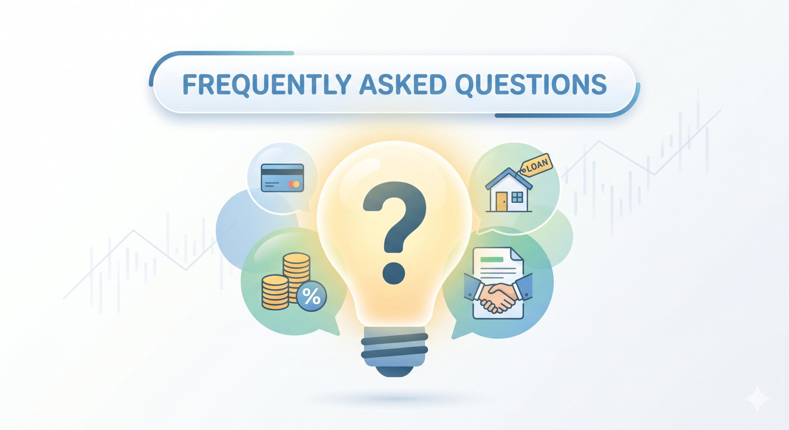 An approachable header illustration featuring a question mark icon and a lightbulb, signaling a list of answers to common finance questions.