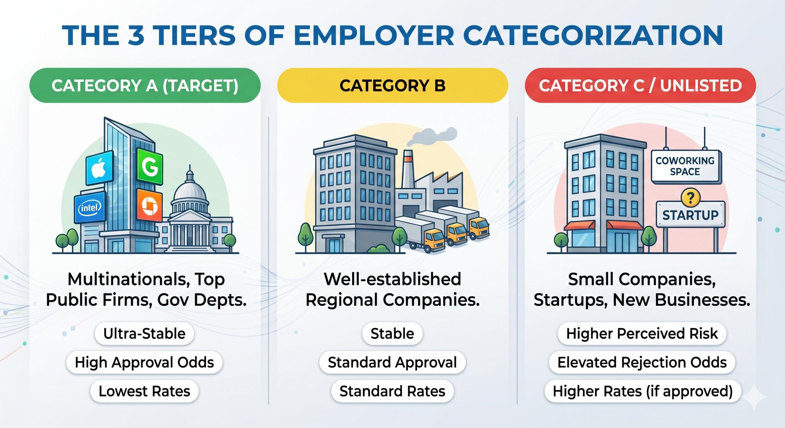 An educational infographic illustrating the three general tiers of corporate categorization used by banks, ranging from top multinationals (Green_A) to unlisted companies (Red_C).