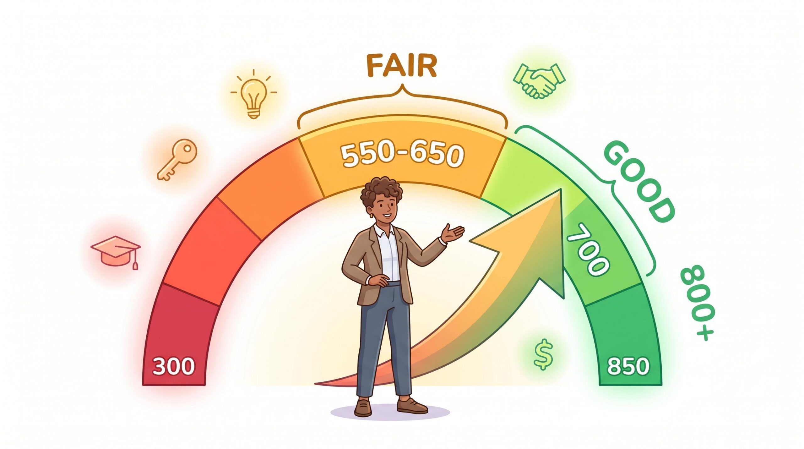 An educational infographic showing the 550-650 credit score range labeled as 'Fair,' with an upward arrow pointing toward the 'Good' range and a friendly guide figure representing opportunity