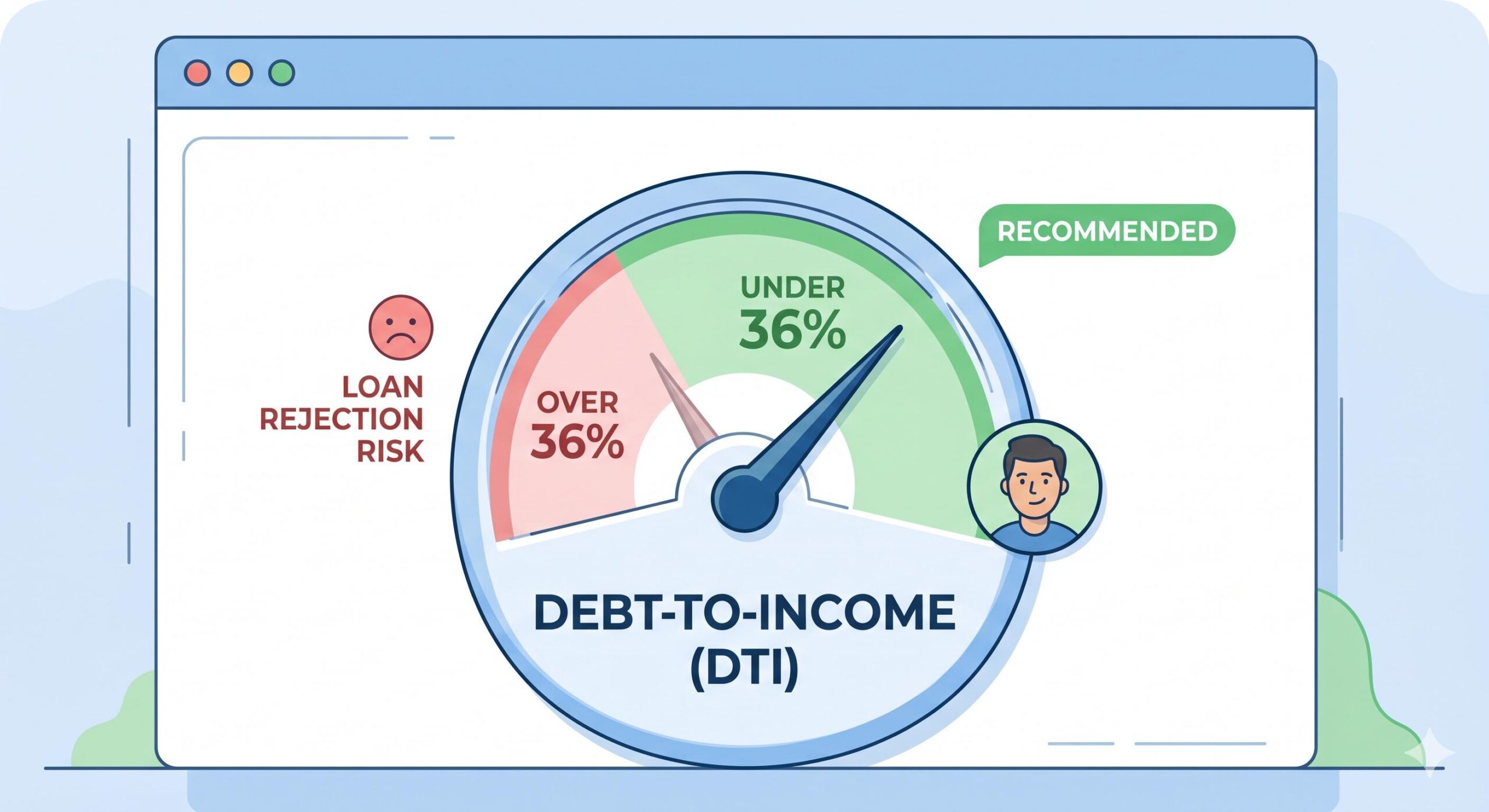 An illustrative dashboard gauge showing a Debt-to-Income (DTI) ratio with the needle pointing clearly to the 'UNDER 36%' recommended green range for loan approval