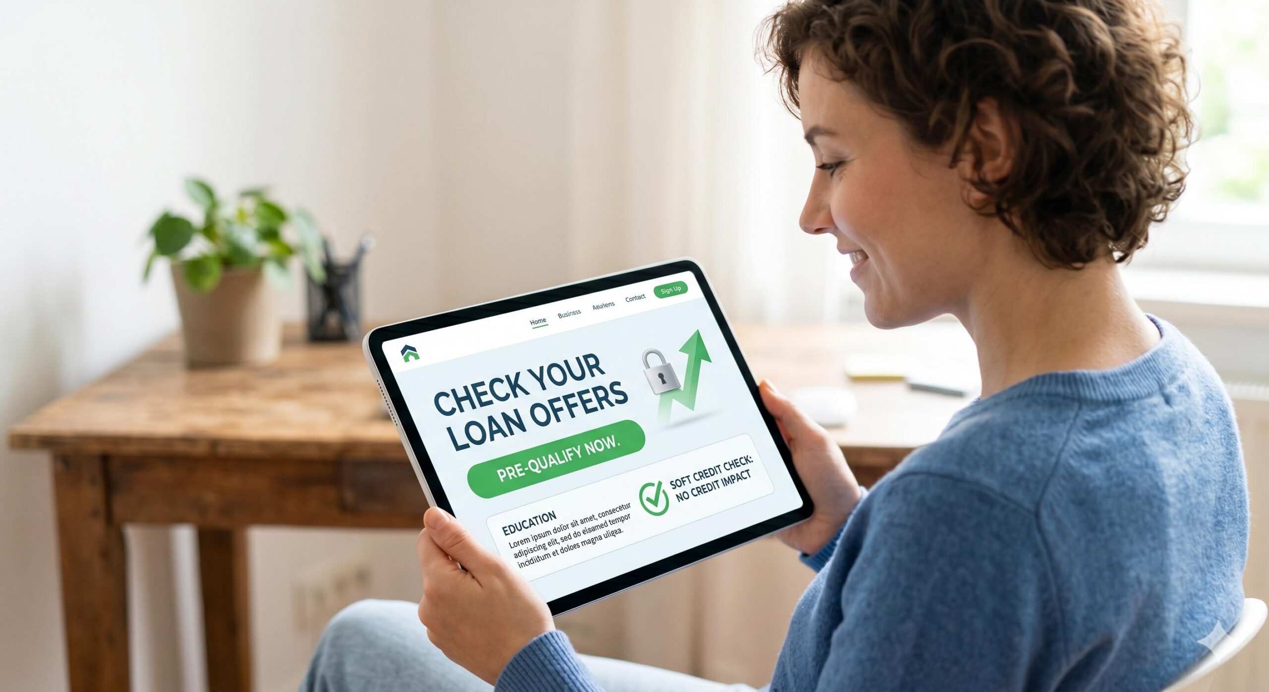 An illustrative photo of a user checking loan offers on a tablet, highlighting the text 'SOFT CREDIT CHECK_ NO CREDIT IMPACT' for responsible pre-qualification
