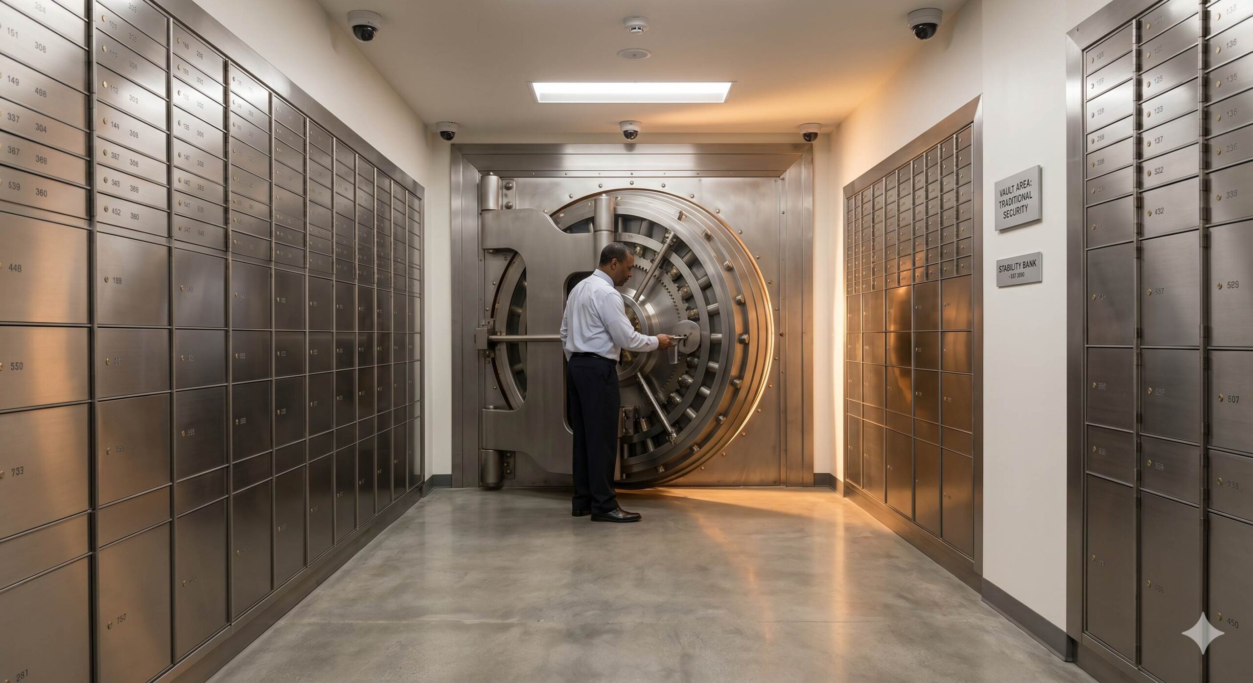 Bank manager locking large vault door, rows of safe deposit boxes.