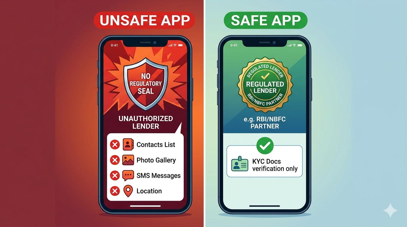 Comparison graphic showing characteristics of an unsafe predatory app versus a safe legitimate lending app.