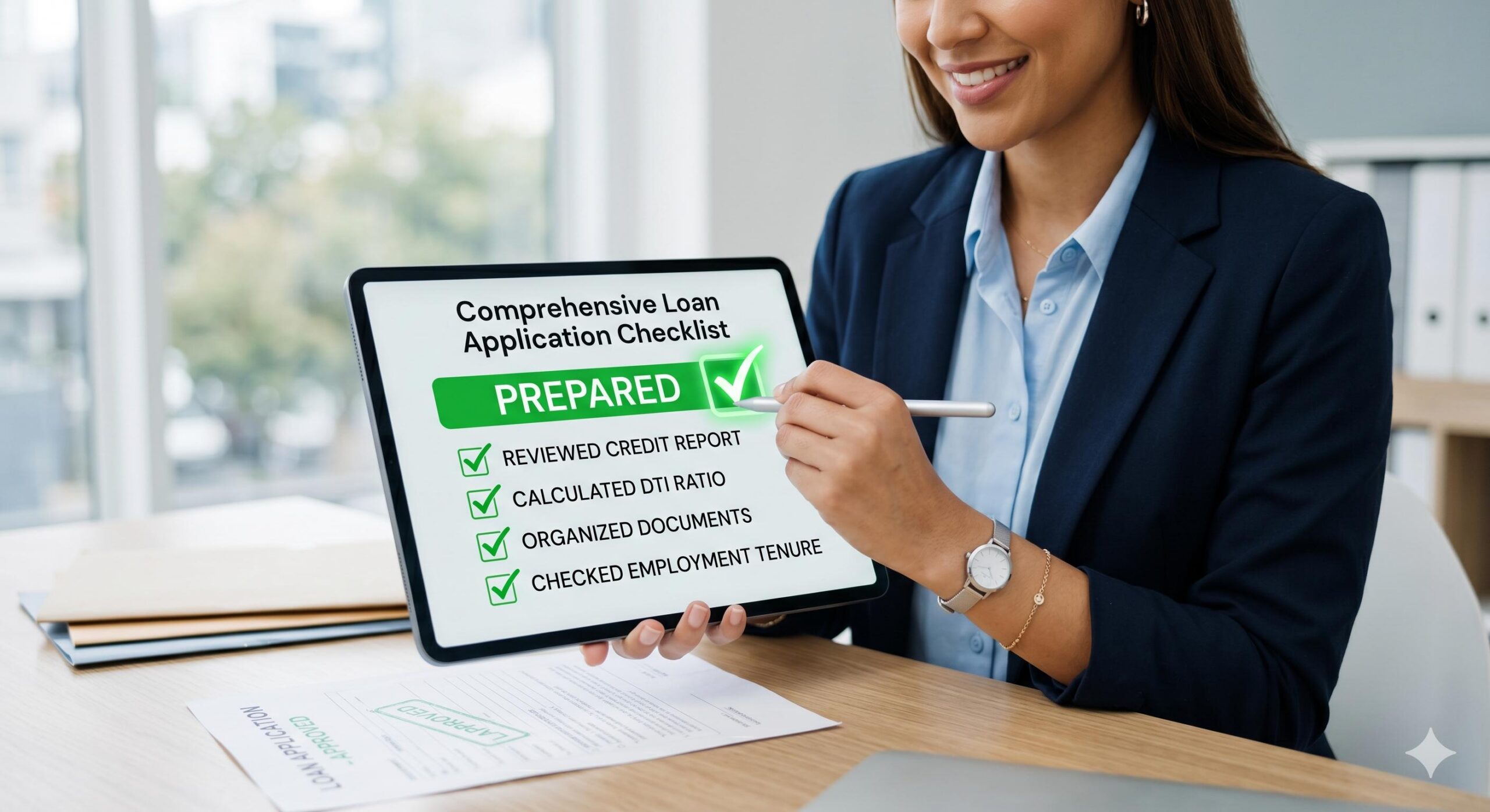 Confident borrower checking off a financial checklist.