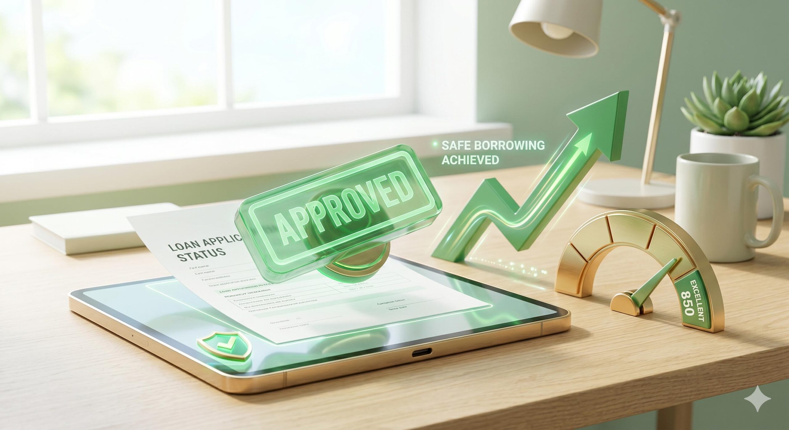Digital tablet showing an approved loan document next to a high credit score indicator.