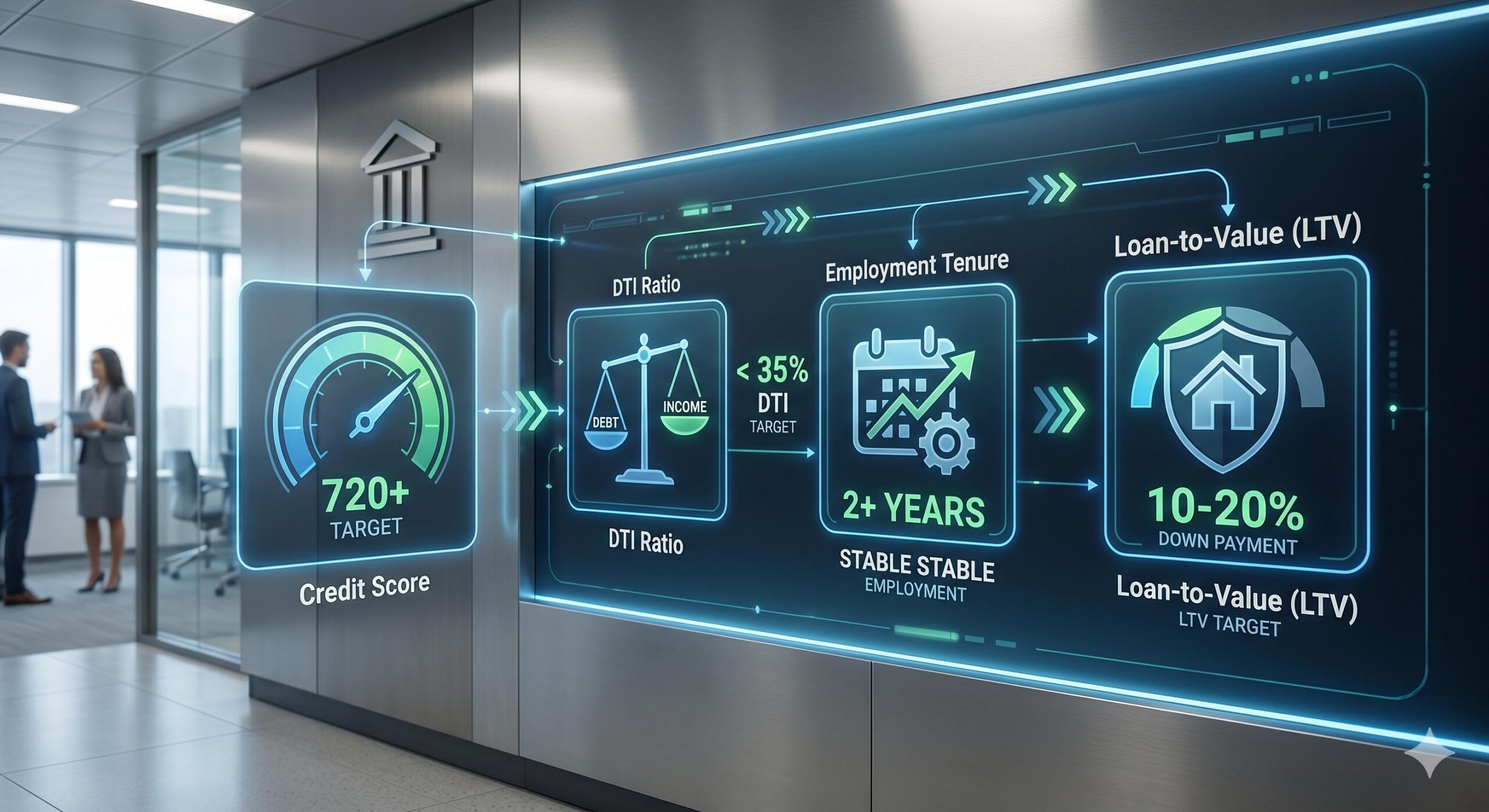 Digital wall showing key lender metrics for loan eligibility.