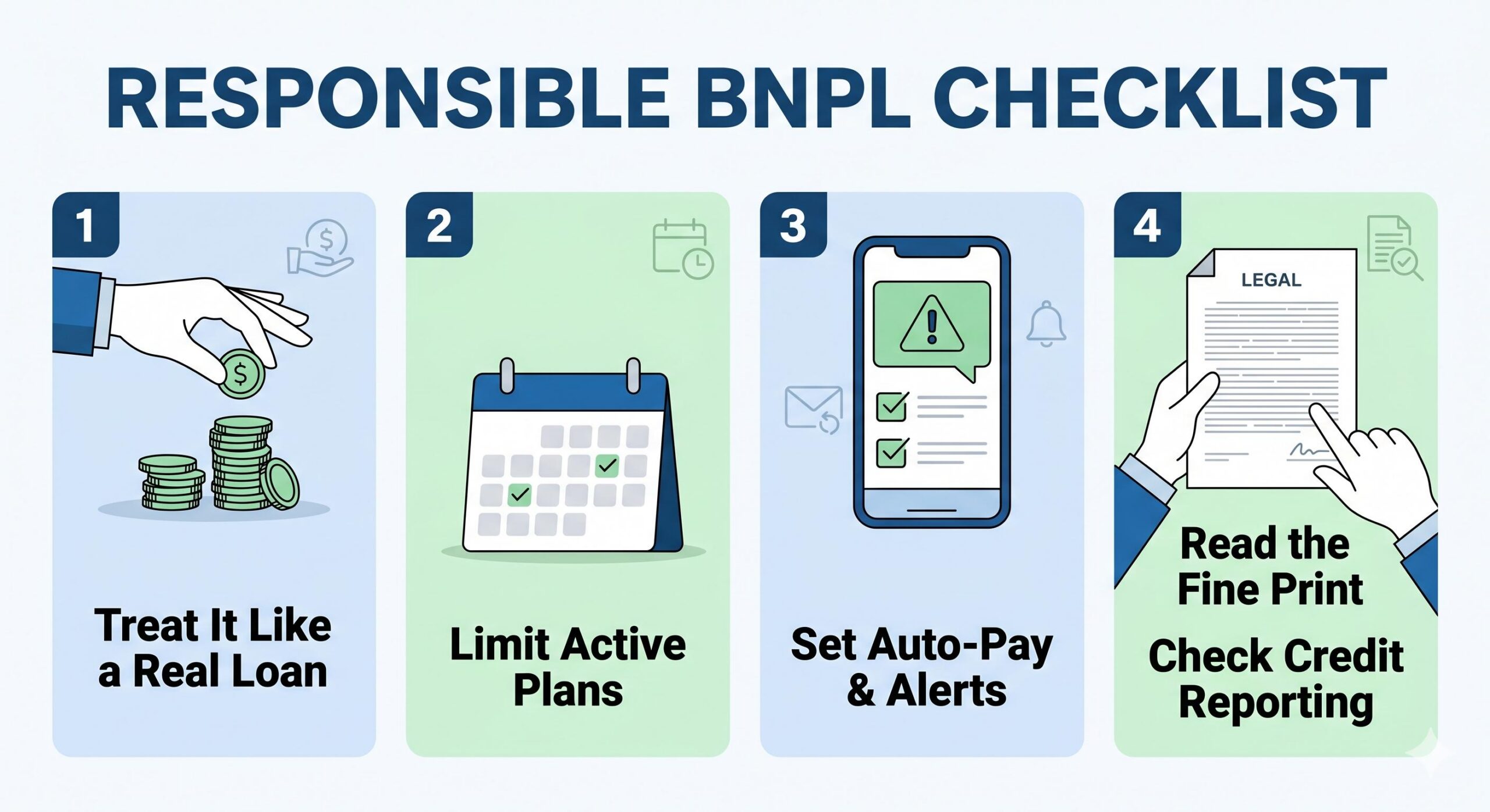 Educational infographic in a checklist format listing essential tips for responsible BNPL use.