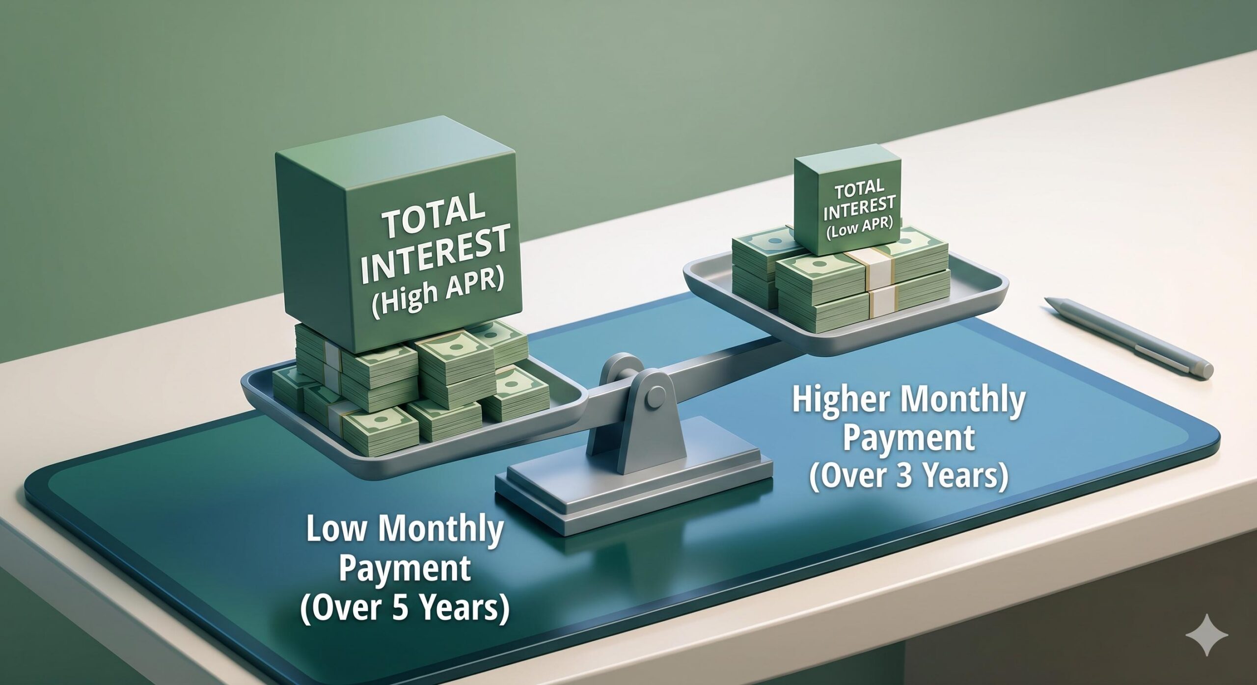 Graphic showing that low monthly payments can mean higher total loan interest.