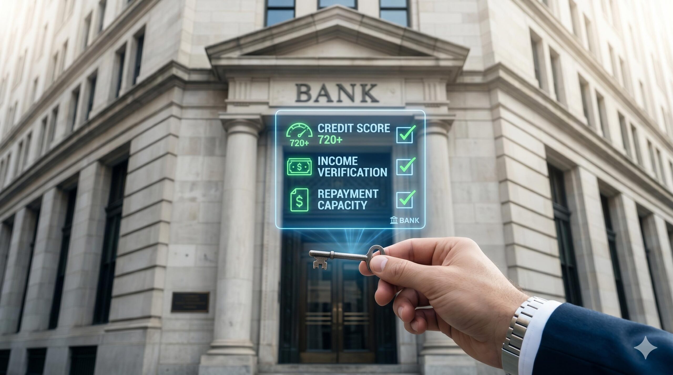 Hand holding a key and a holographic checklist over a bank.