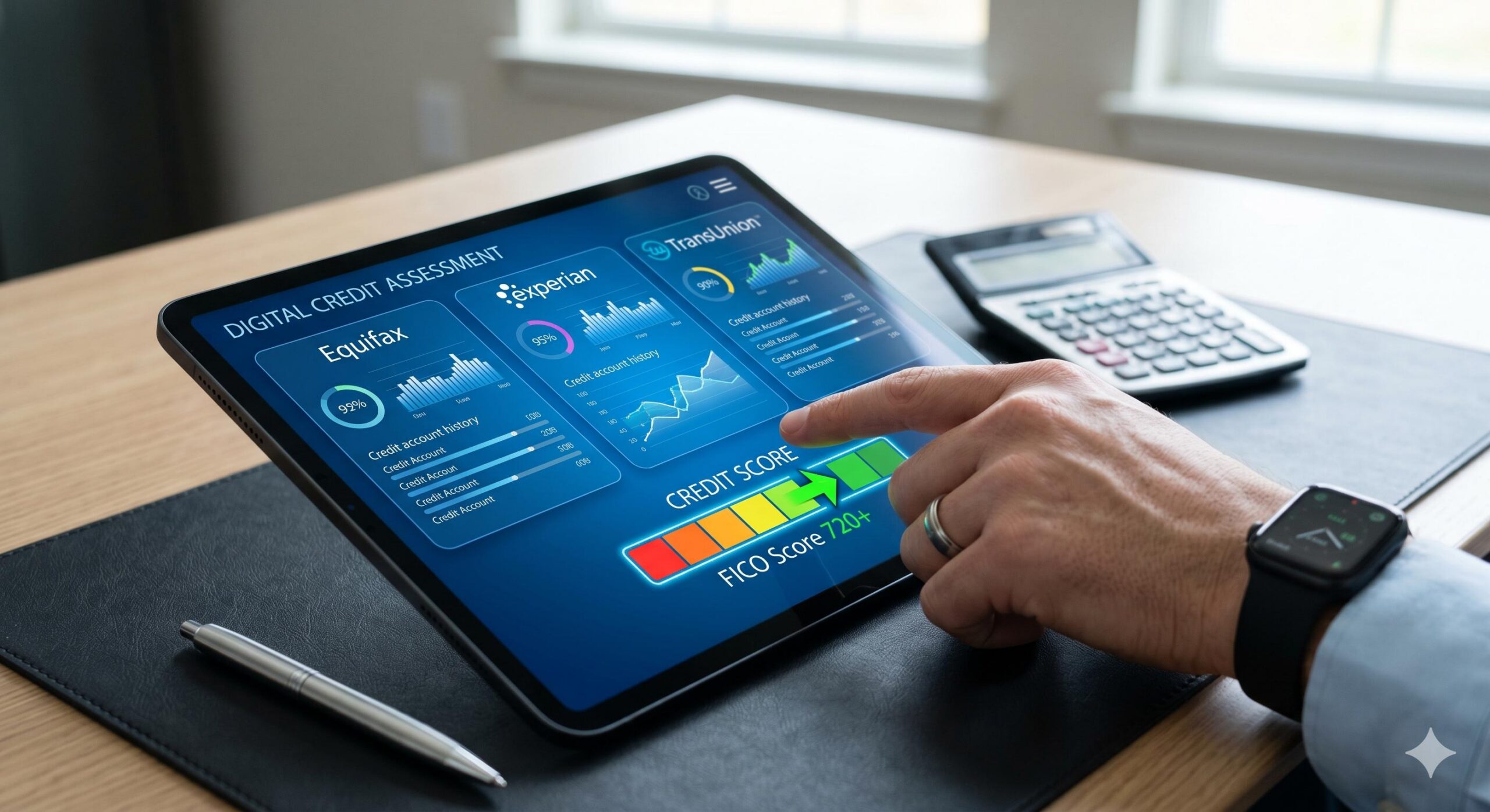 Hand processing a digital credit bureau check on a tablet.