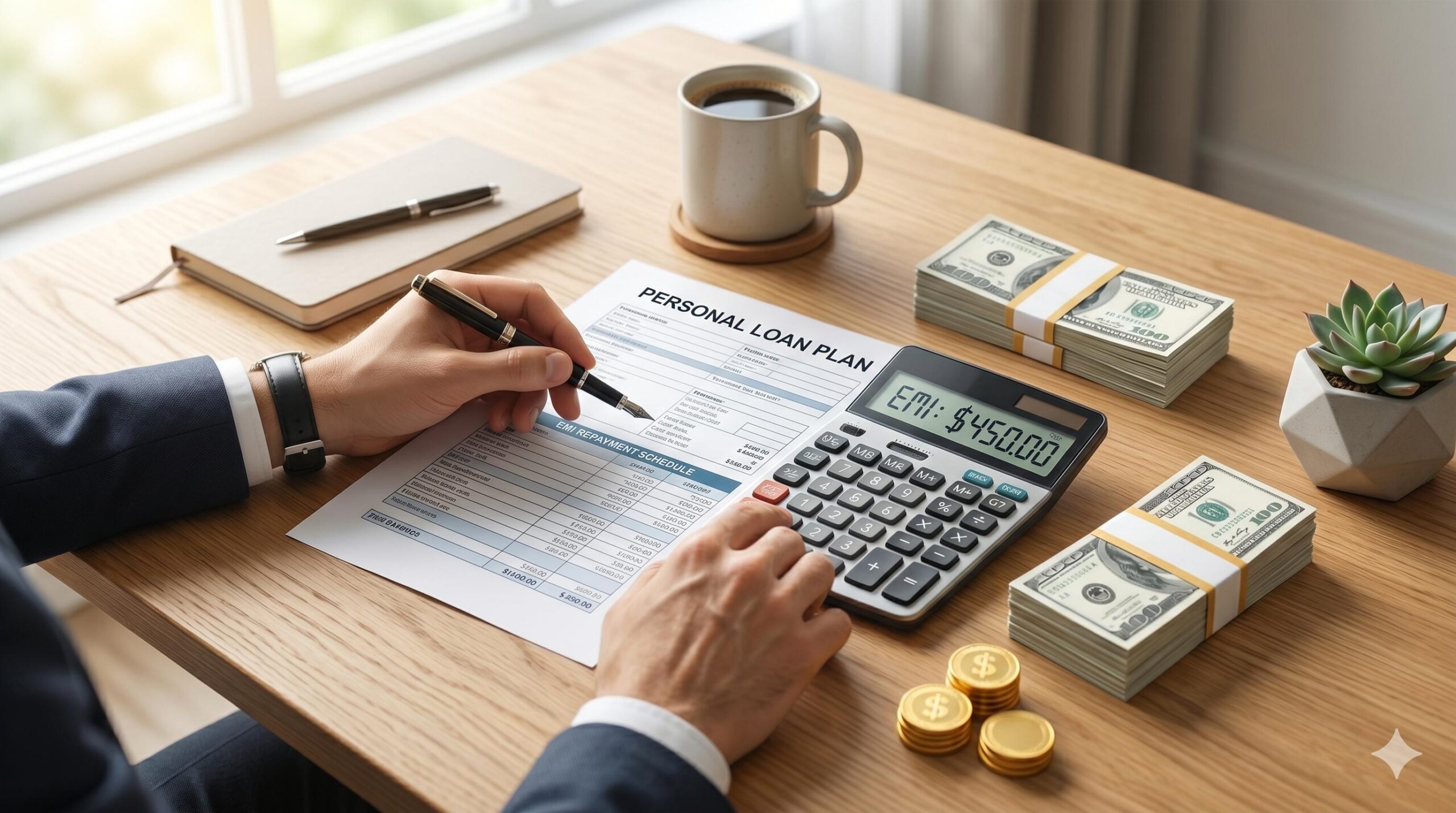 Hands reviewing loan documents and using a calculator to plan monthly EMIs.