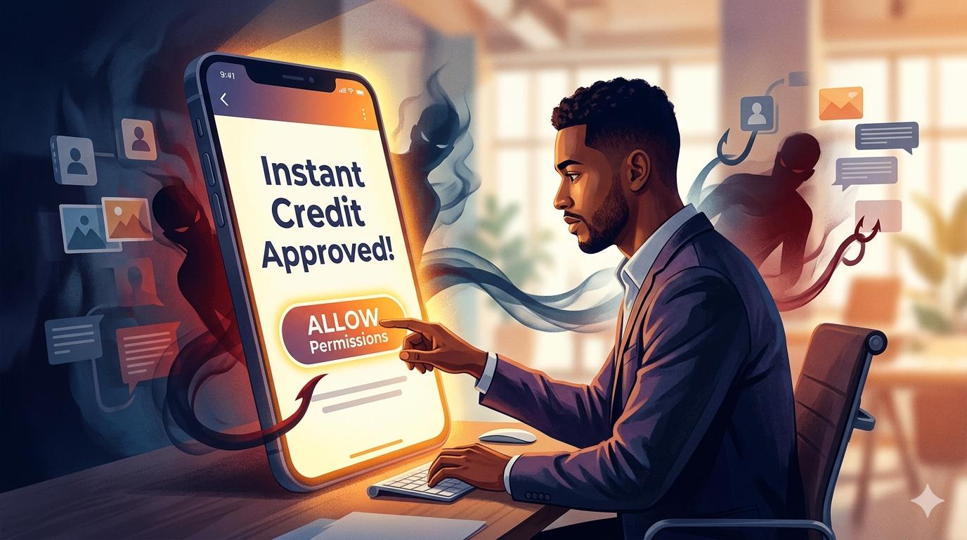 Hero banner visualizing the risks of data theft when using instant loan applications.