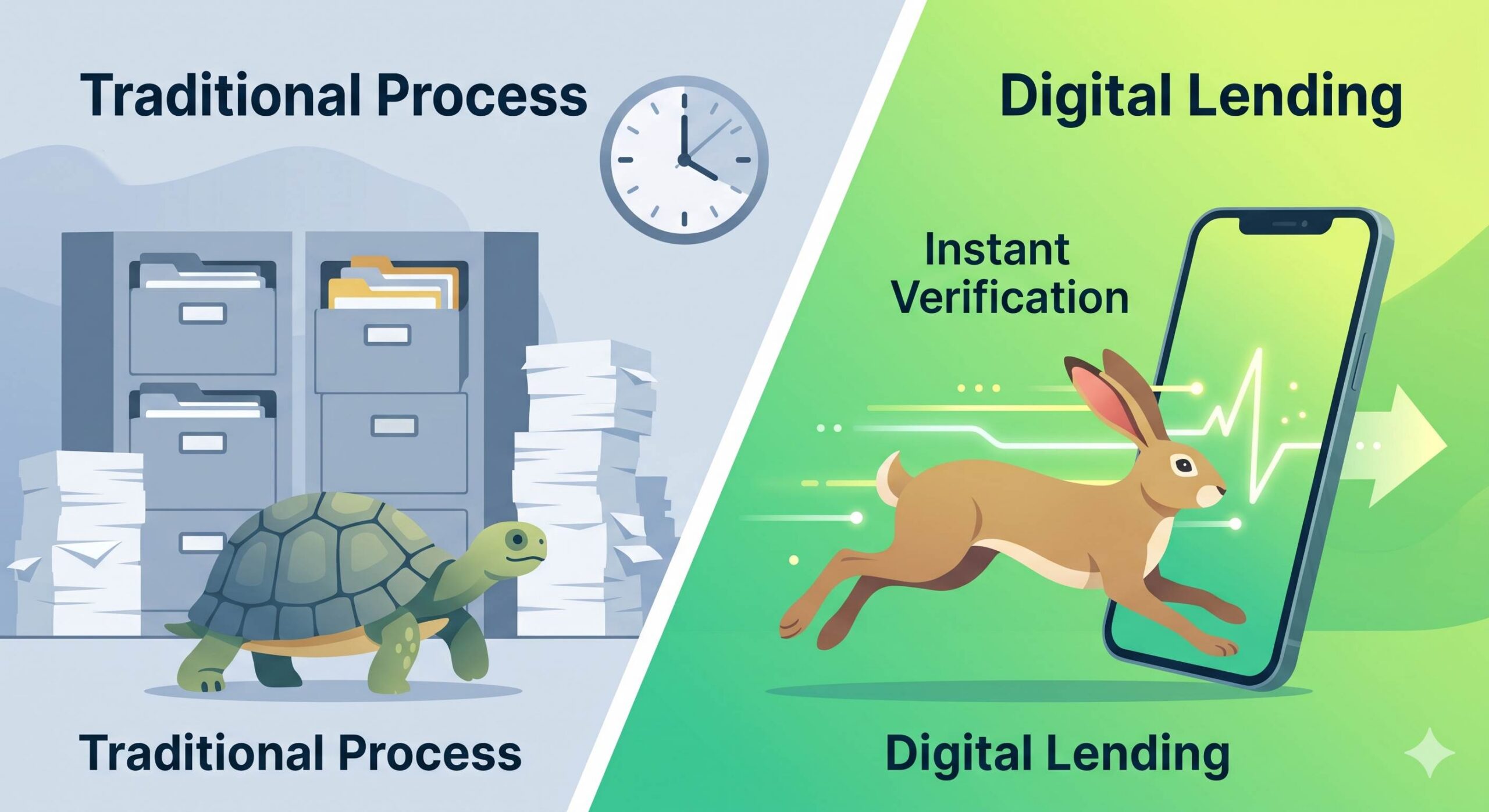 Illustration comparing the slow traditional loan process with the fast digital lending process.