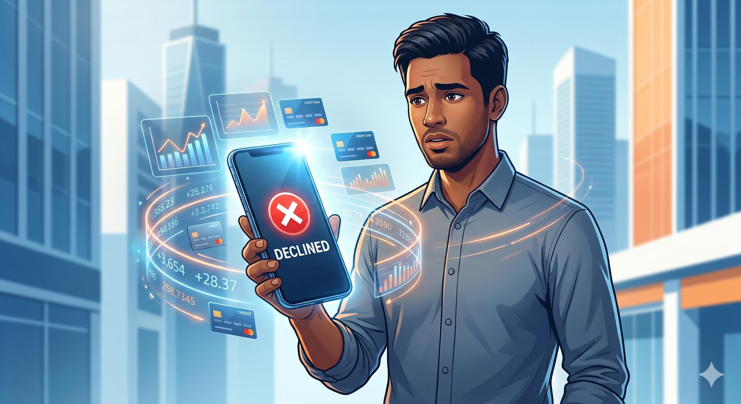 Illustration of a borrower receiving a 'Declined' notification on their smartphone, representing an instant loan rejection.