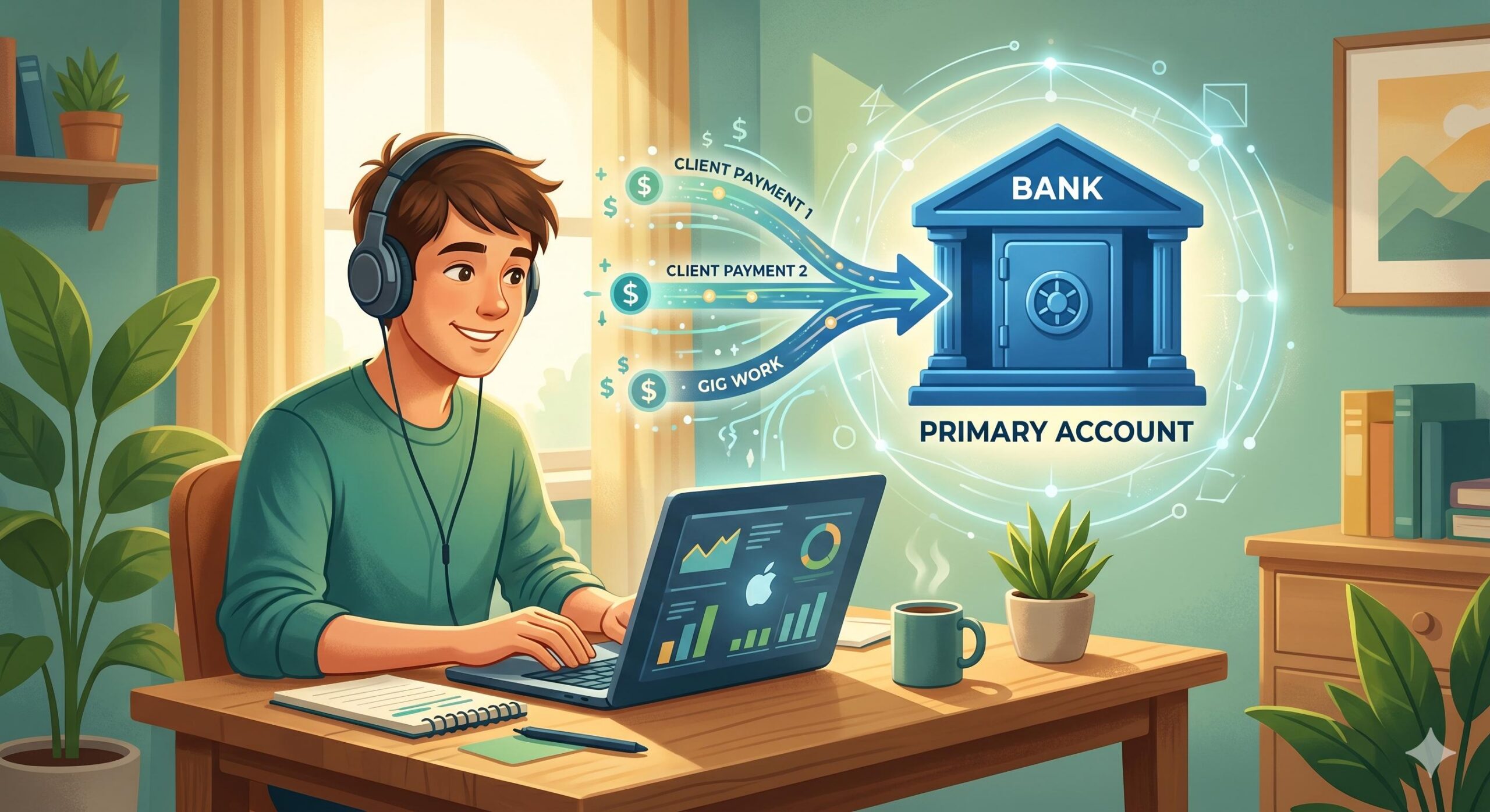 Illustration of a freelancer consolidating various income streams into one bank account.