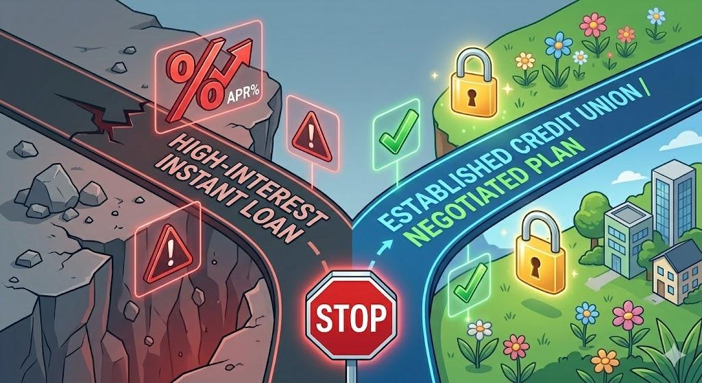 Illustration of a path split_ one way showing the risk of high-interest loans leading to instability, the other showing the stable path of using a credit union or payment plan. (1)