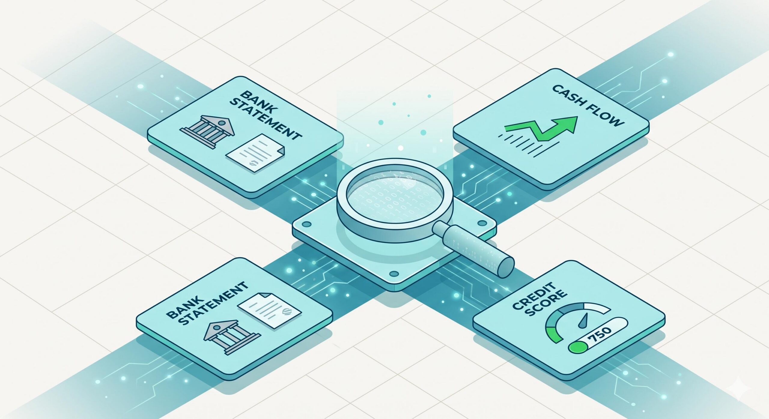 Illustration of an algorithm analyzing a bank statement and credit score.