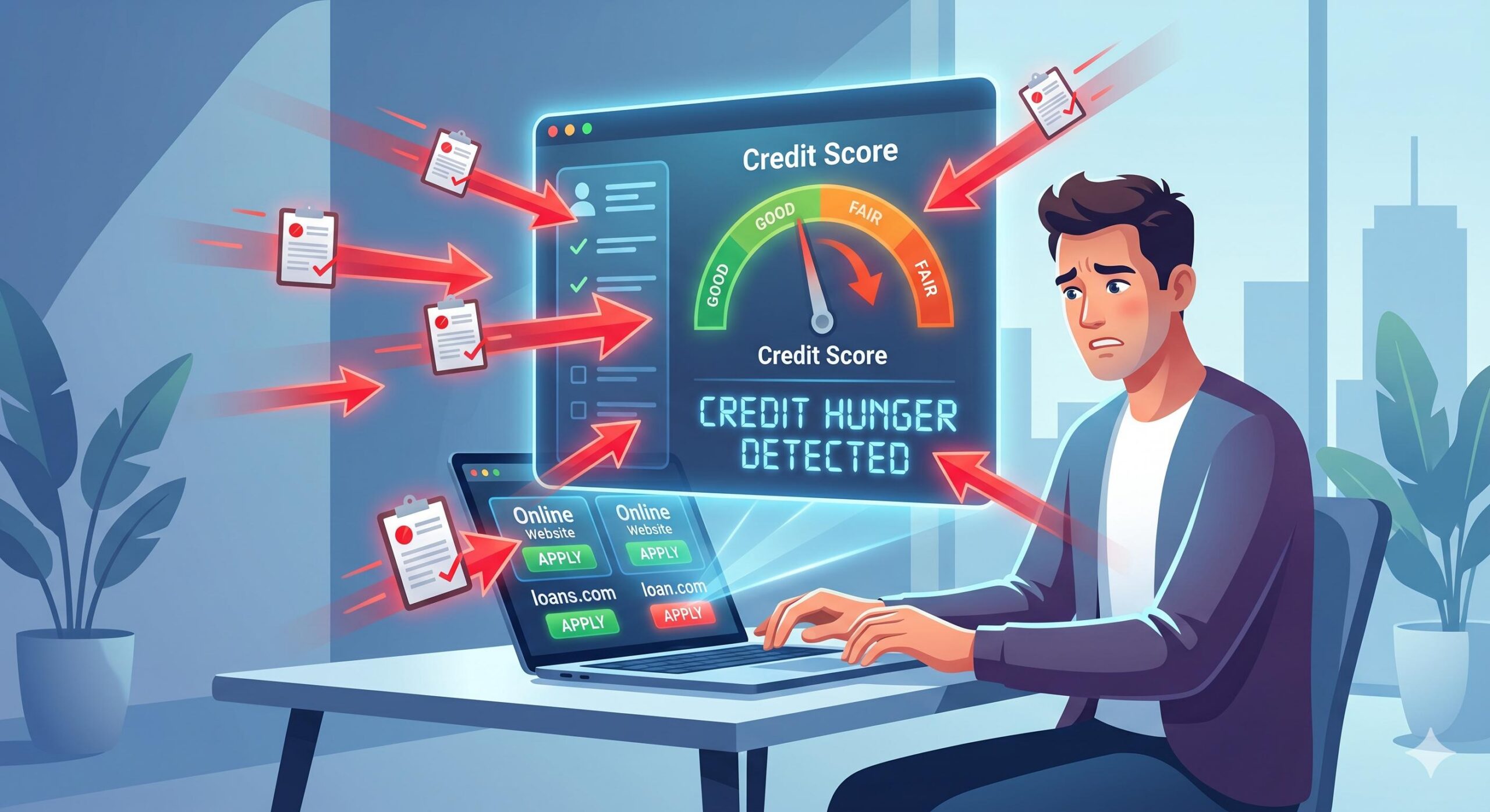 Illustration of multiple loan applications causing a credit score to drop.