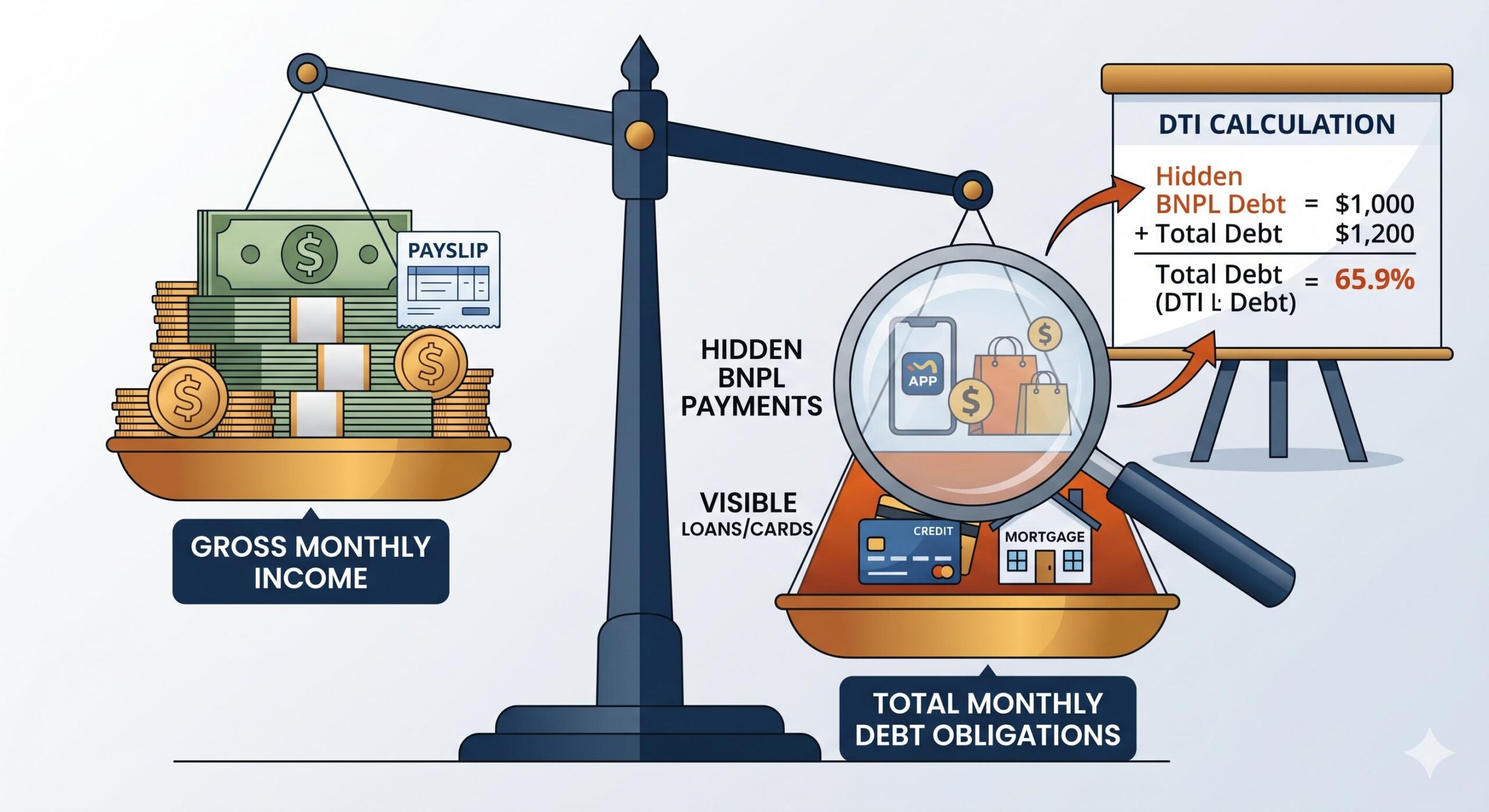 Illustration showing a balance scale weighing income against visible and hidden BNPL debt obligations.
