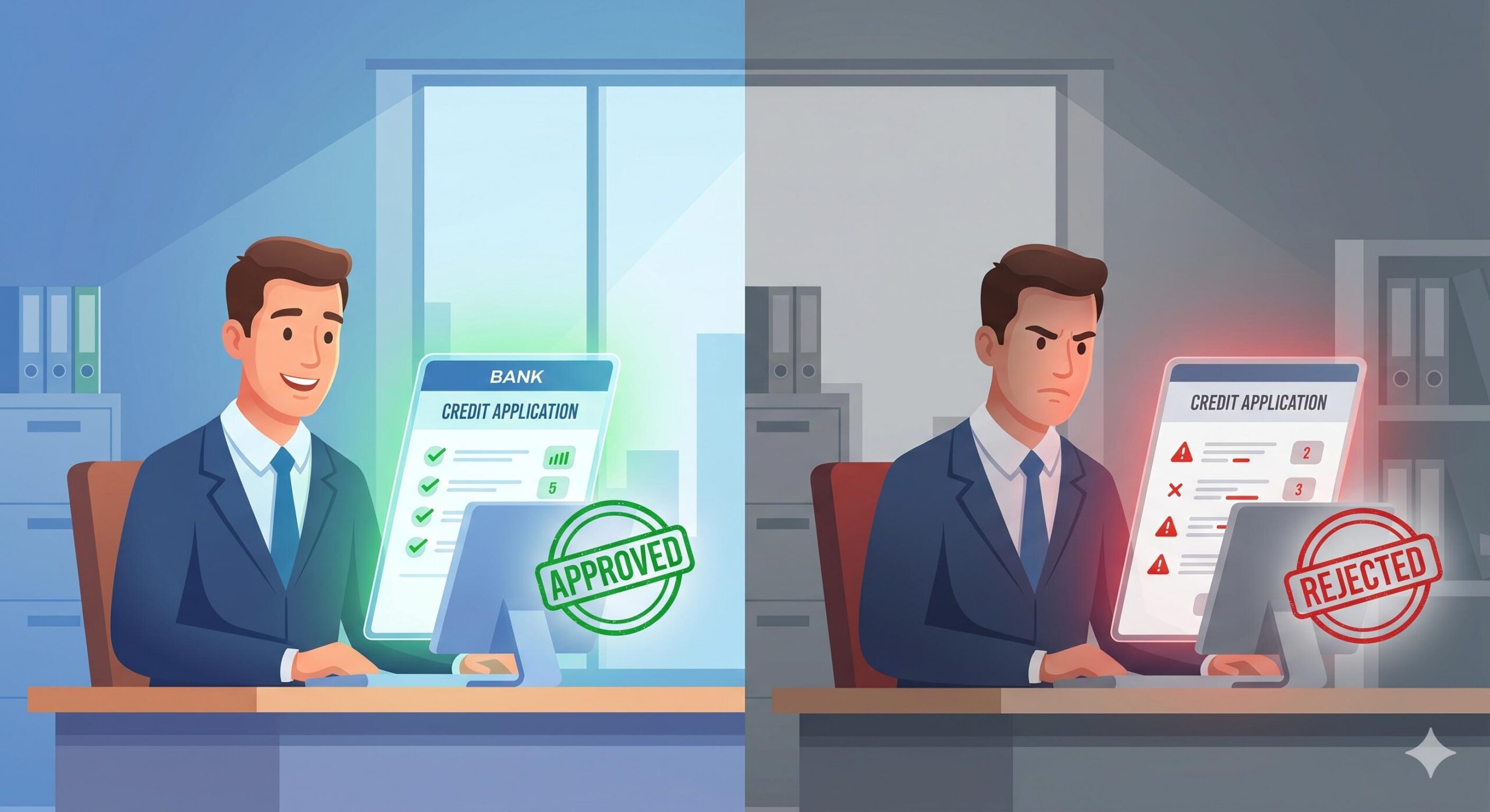 Illustration showing a lender approving one loan application based on good credit, and rejecting another due to visible red flags.