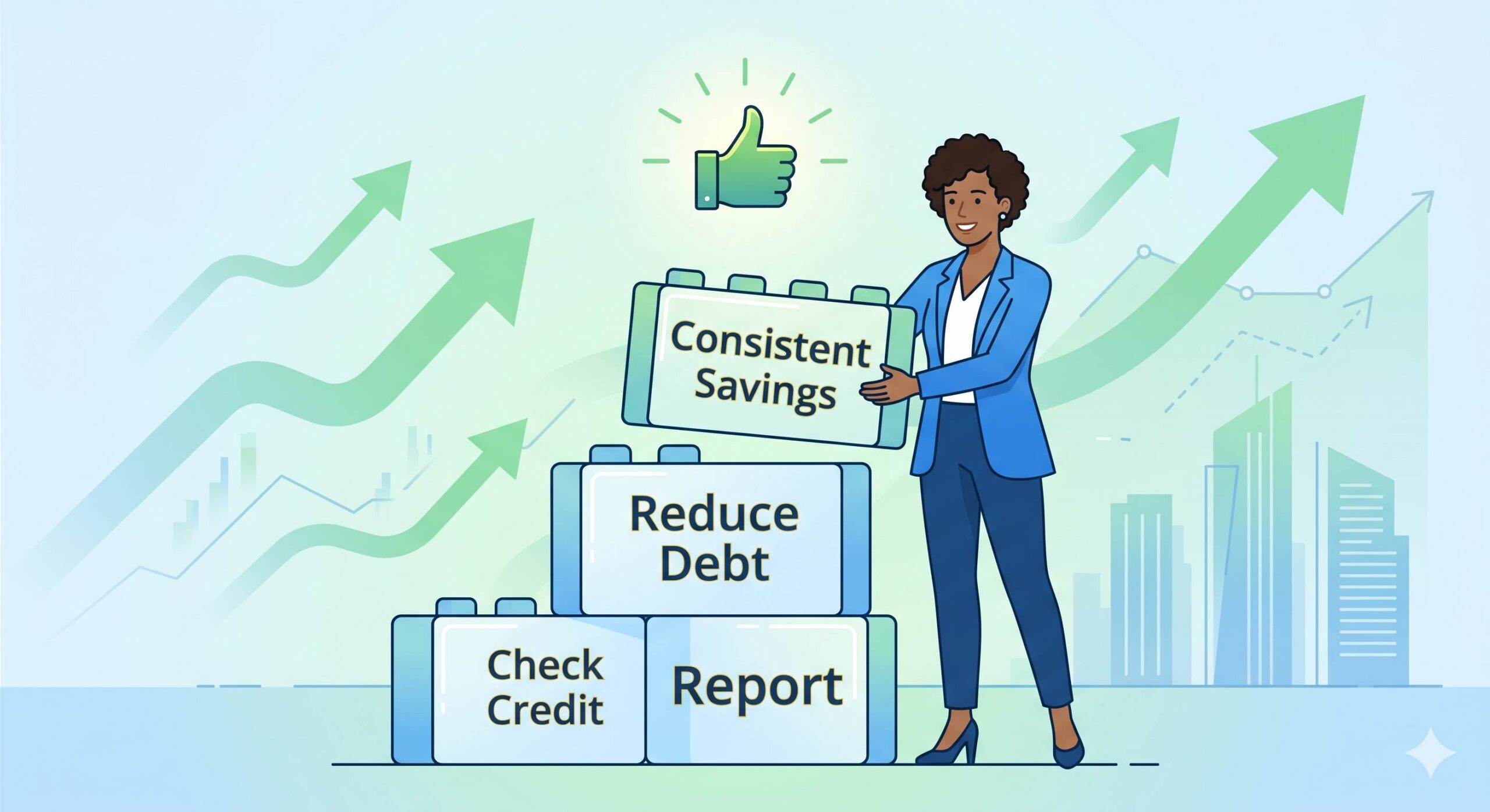 Illustration showing a person building a strong financial profile by checking their credit report and reducing debt.