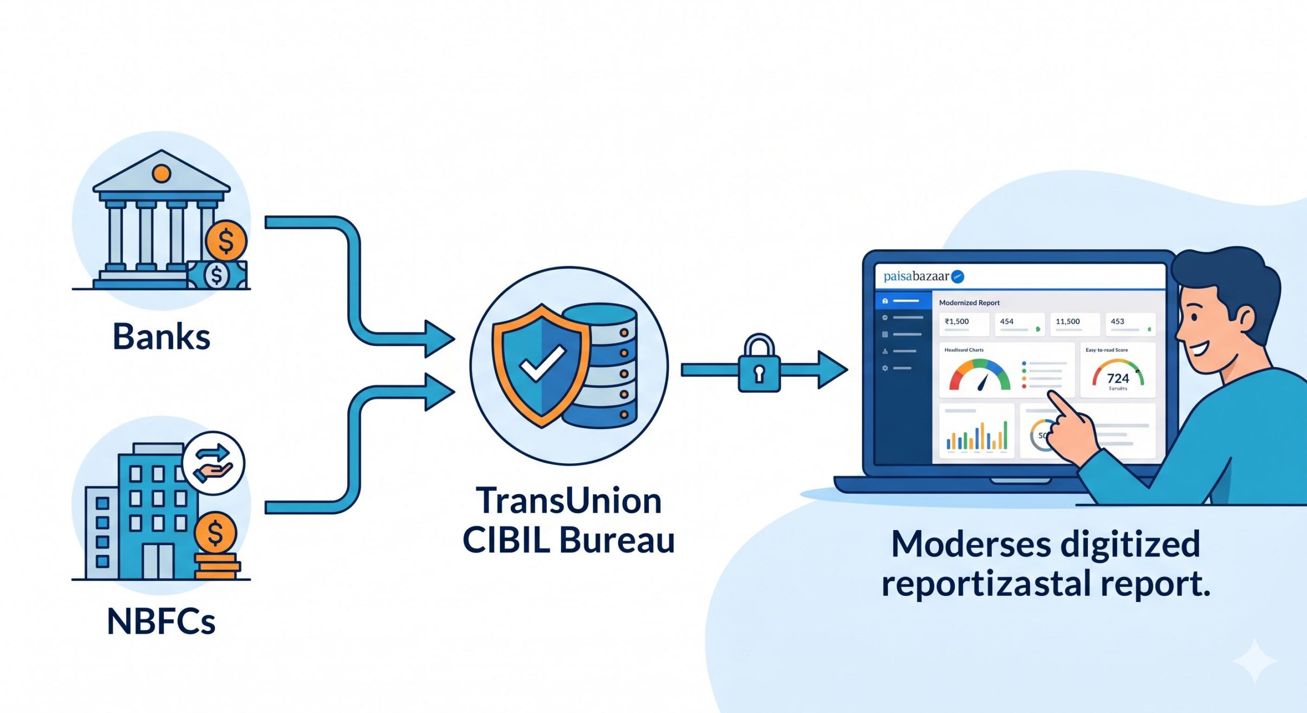 Infographic illustrating how credit data flows from banks to CIBIL and then to the Paisabazaar user interface.