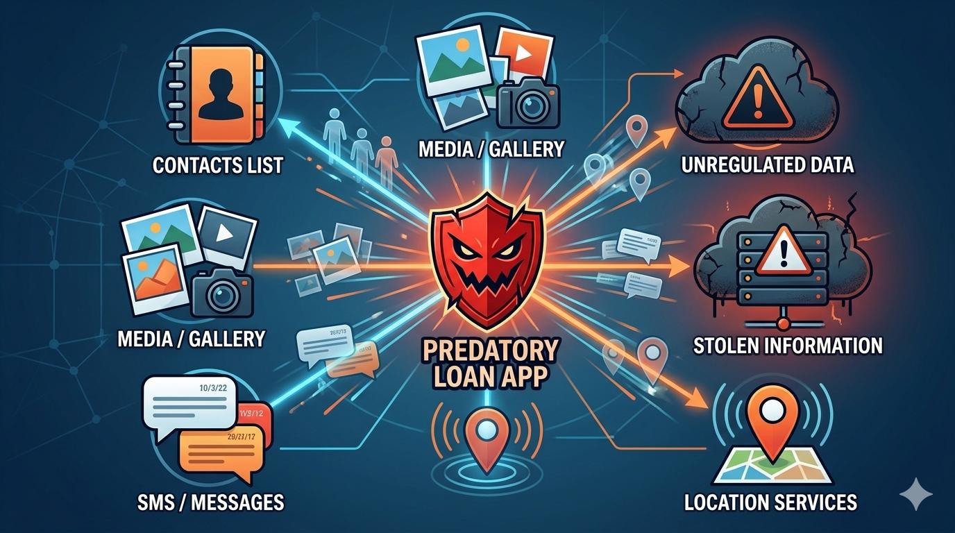 Infographic illustrating how predatory loan apps harvest various types of personal user data.