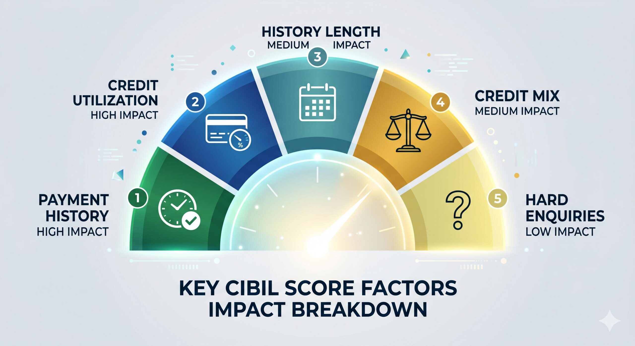 Infographic illustrating the five key factors influencing a CIBIL score and their relative impact.