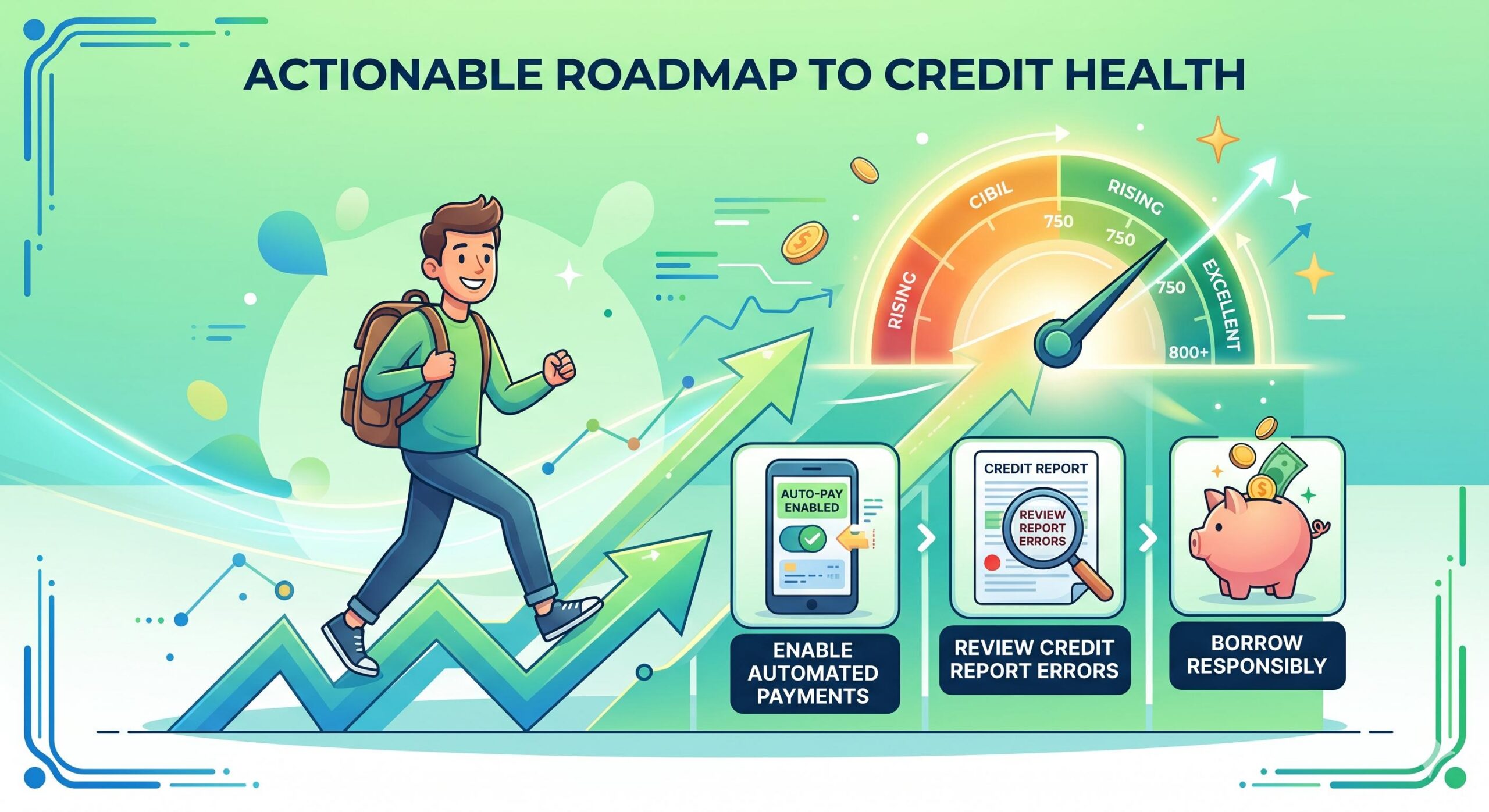 Infographic showing a user improving their credit score by setting up autopay, checking for errors, and borrowing responsibly.