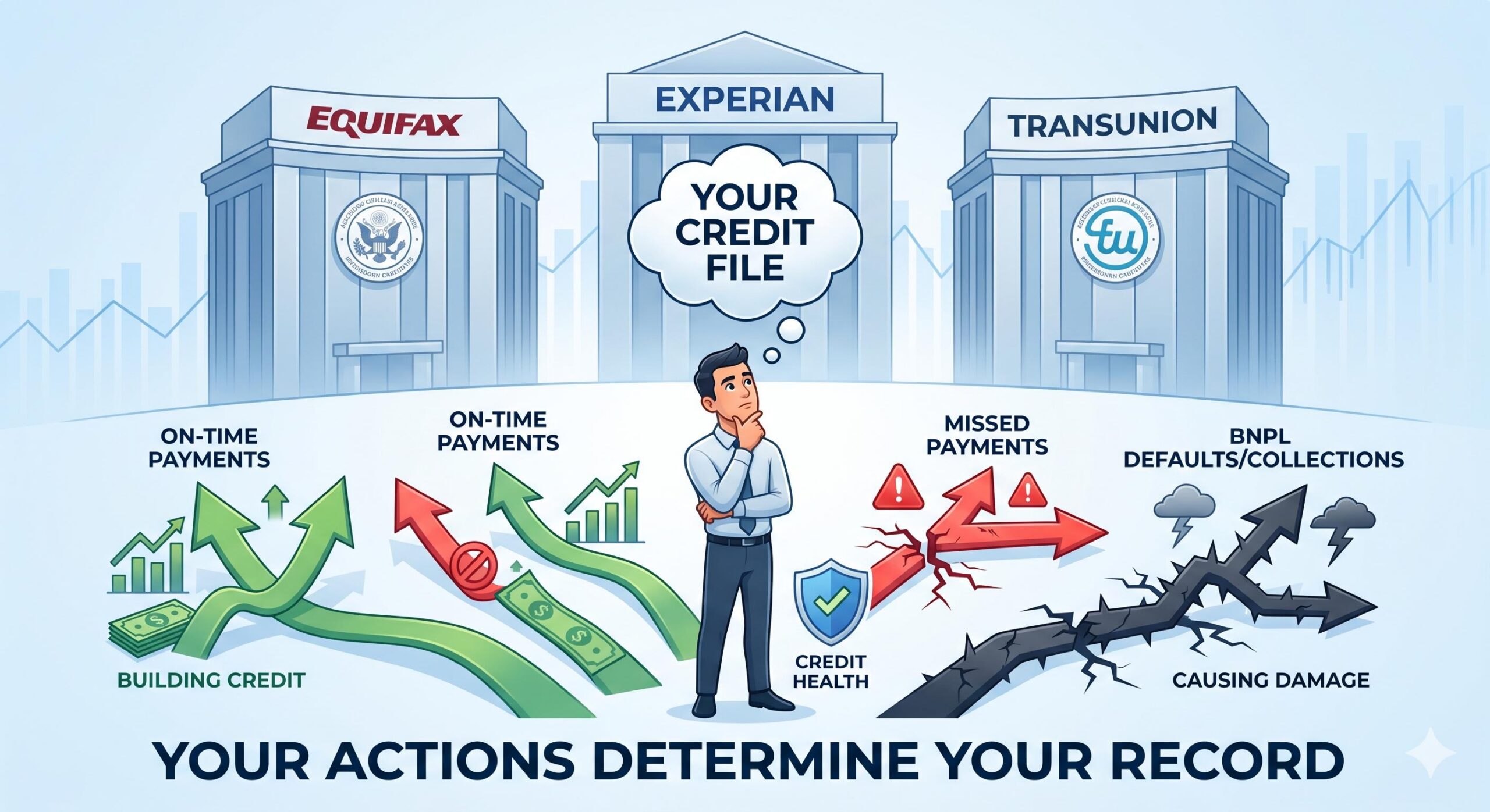 Infographic showing how payment behaviors connect to the three major credit bureaus.