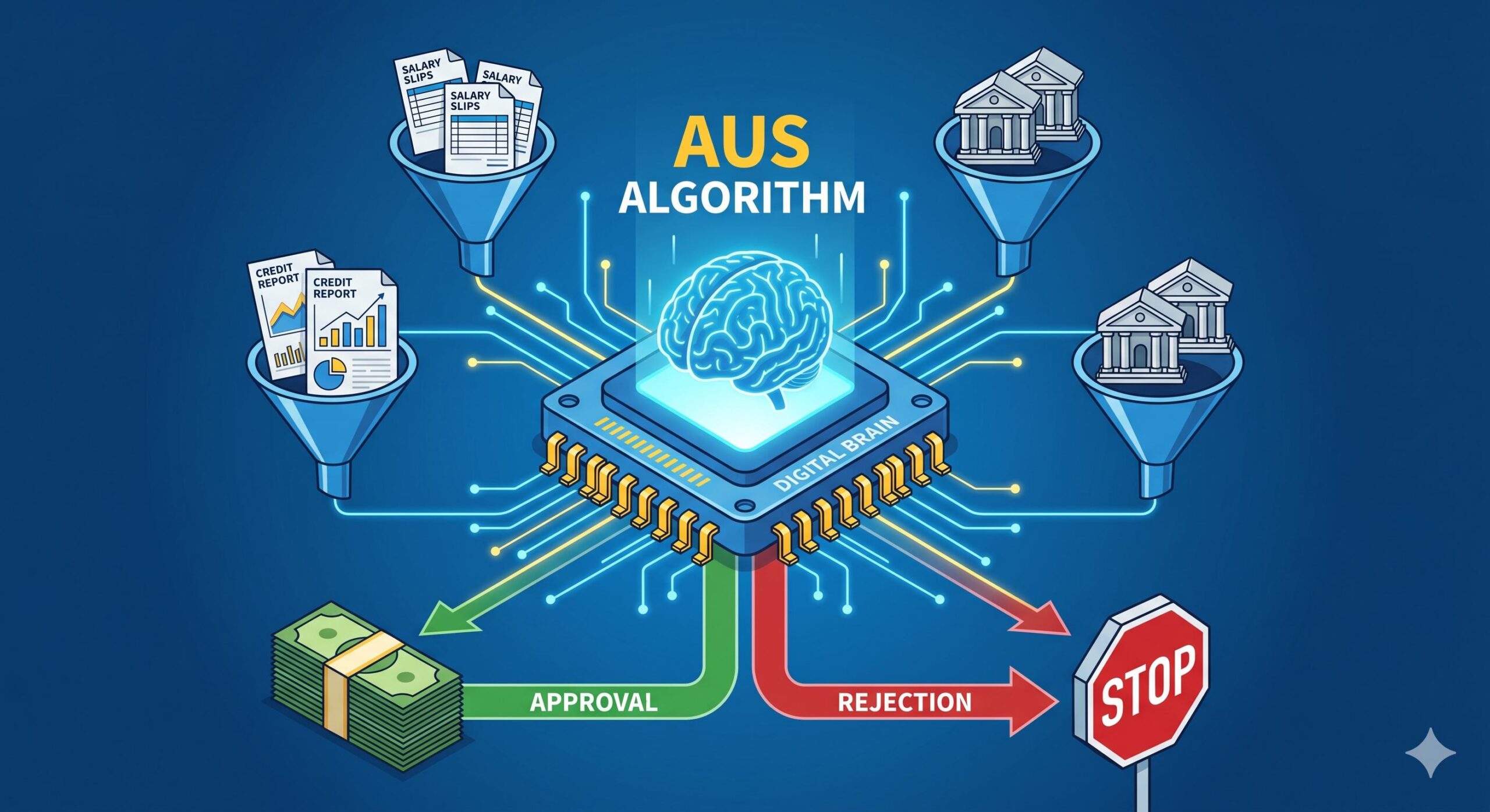 Infographic showing the flow of data (income, credit reports) into an automated underwriting algorithm to make instant loan decisions.