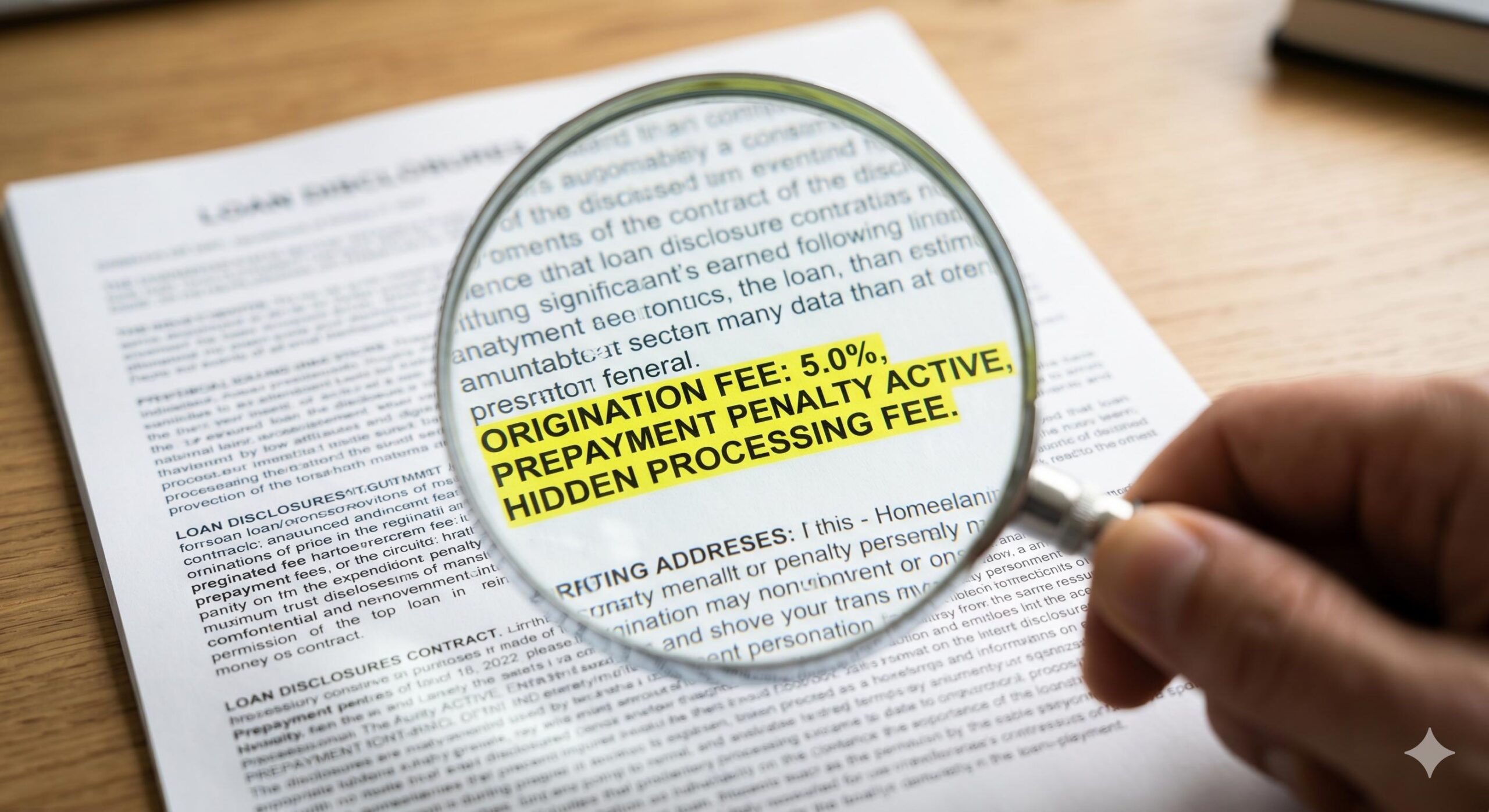 Magnifying glass revealing hidden fees and prepayment penalties in a loan contract.
