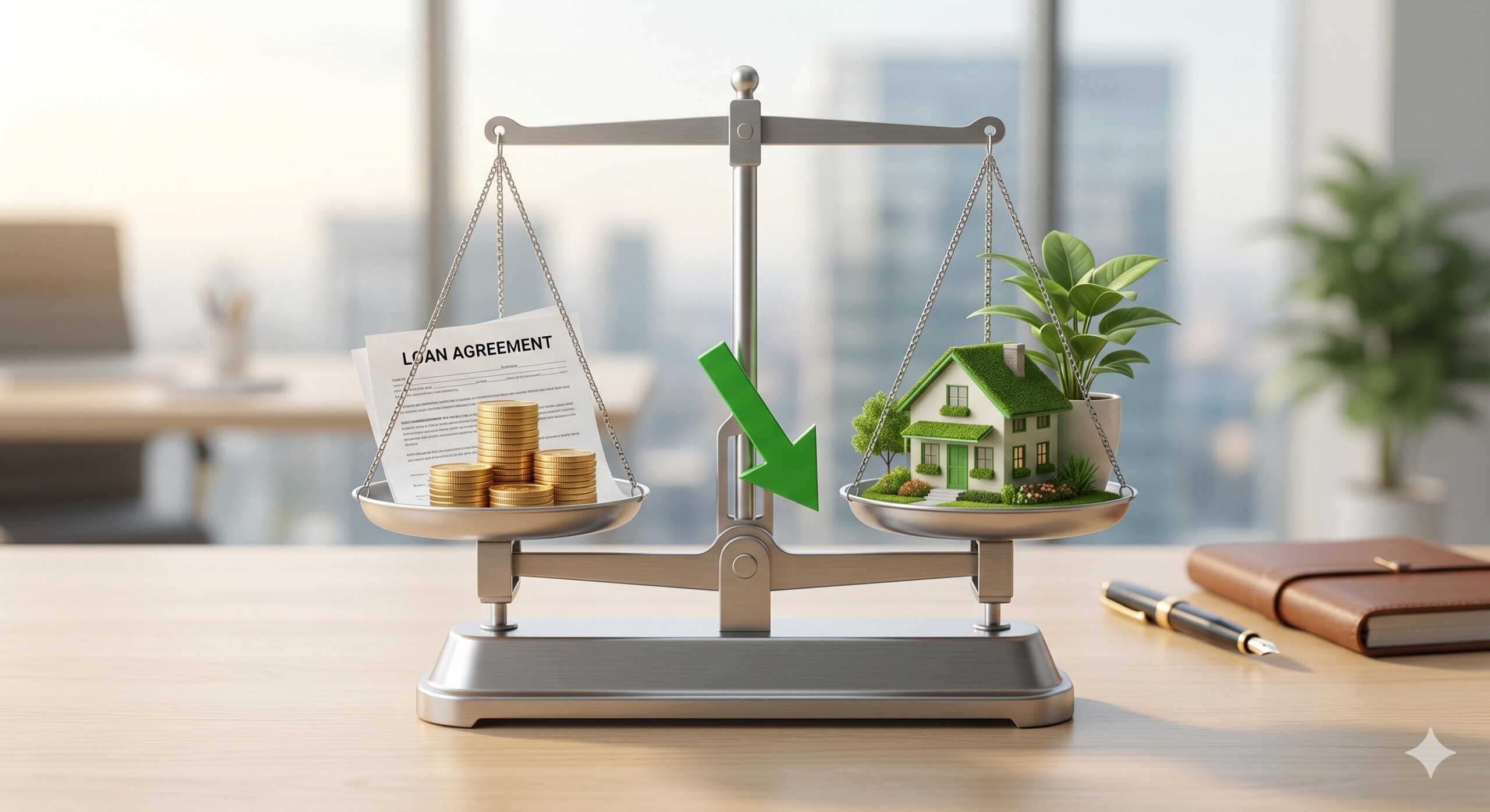 Metaphorical scales balancing borrowing against financial stability.