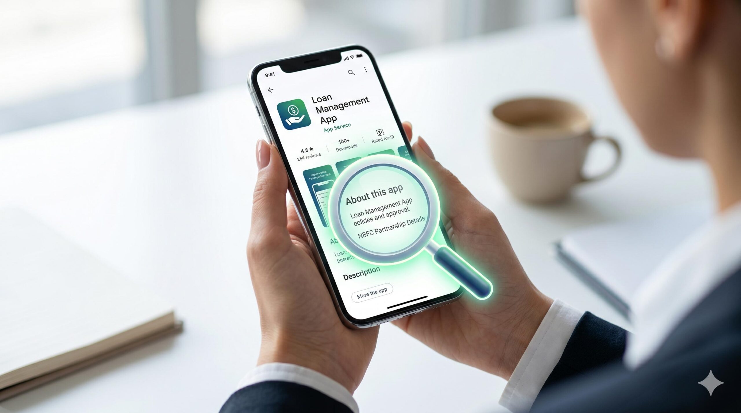 Person checking the 'About this app' section on a smartphone to verify NBFC partner details.