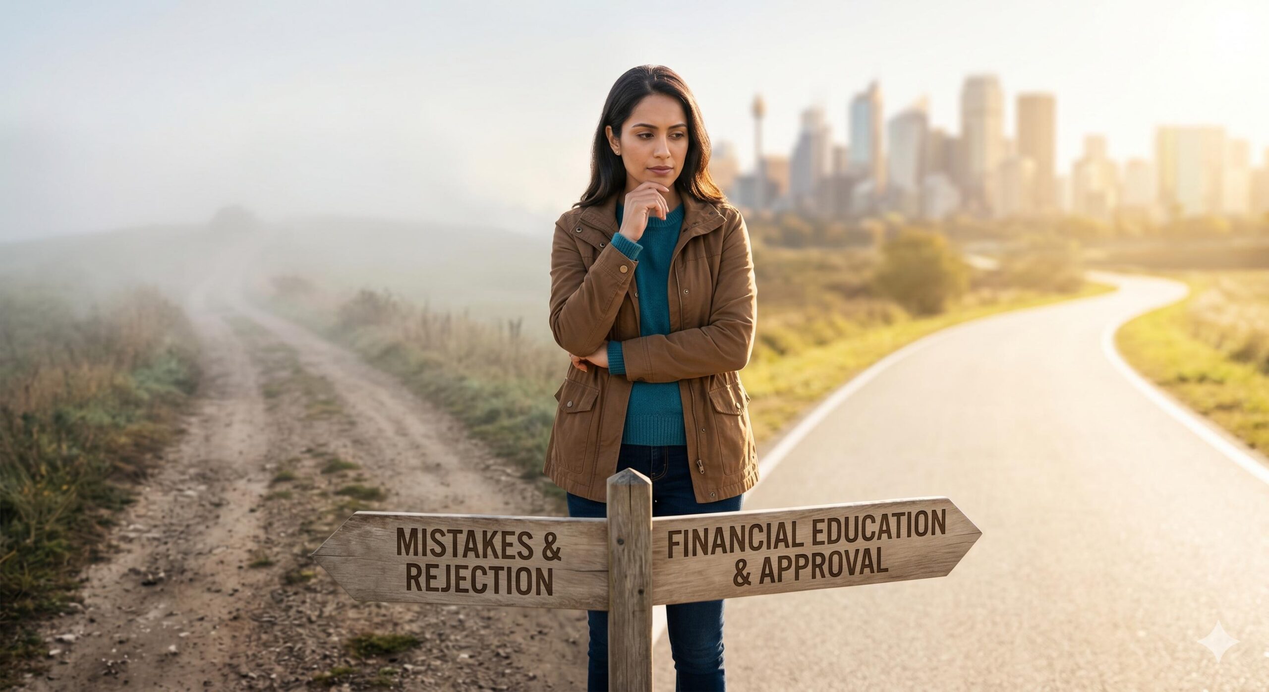 Person choosing the path of financial education over common loan mistakes.