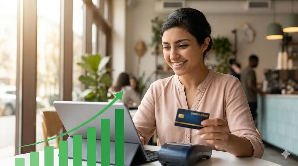 Person smiling while using a secured credit card.