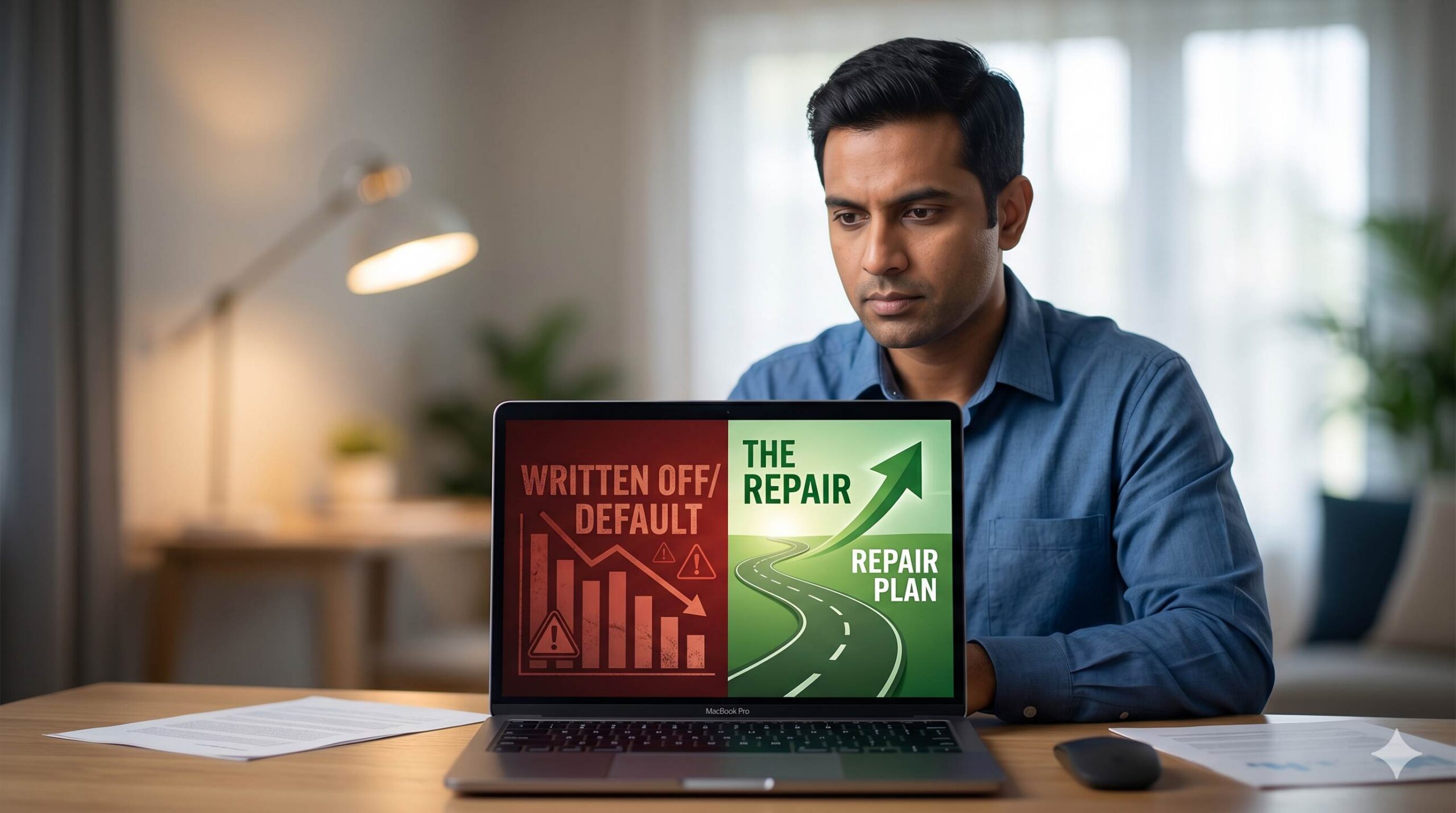 Person viewing a CIBIL report with recovery steps visible.