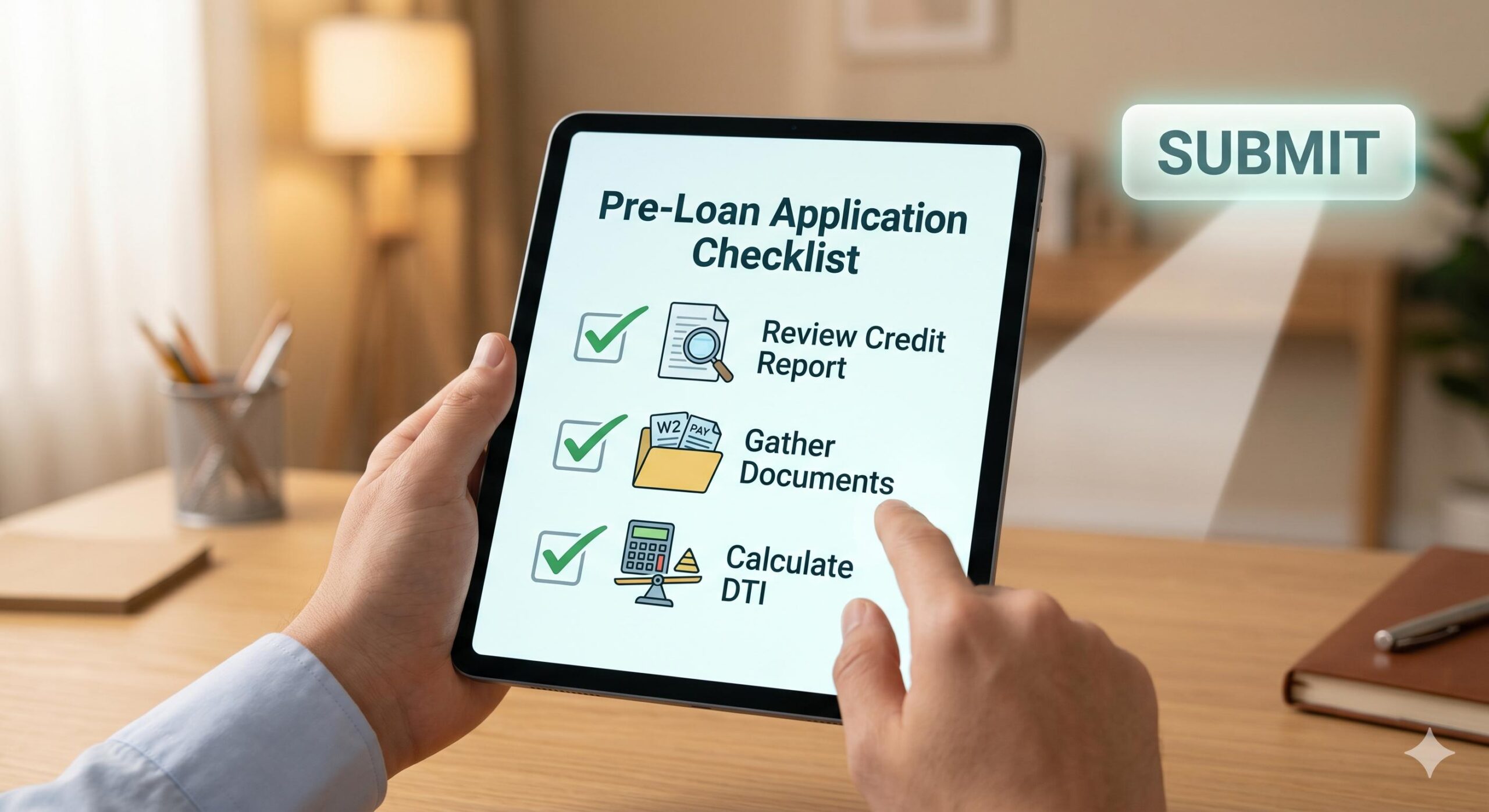 Proactive borrower preparing a checklist of documents and financial checks.