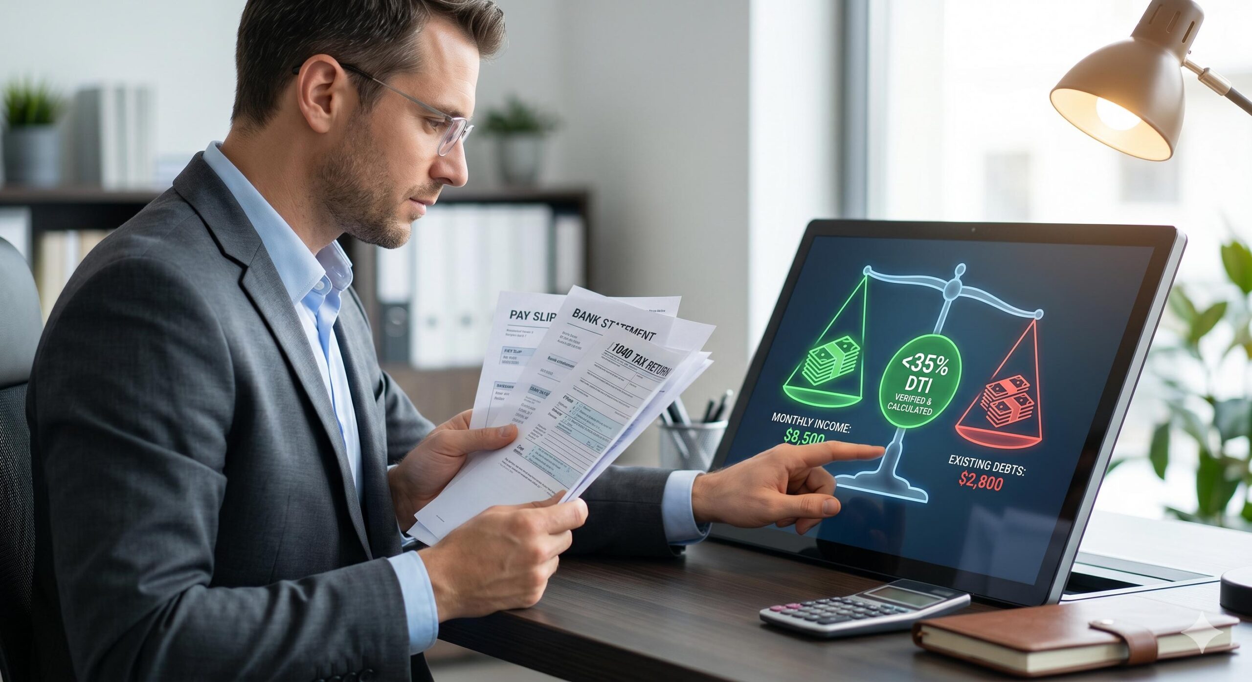 Professional analyzing income documents on a screen.