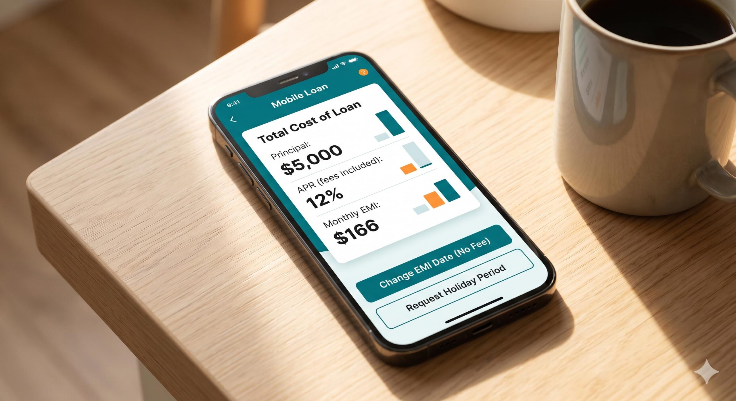 Smartphone app displaying transparent loan terms.