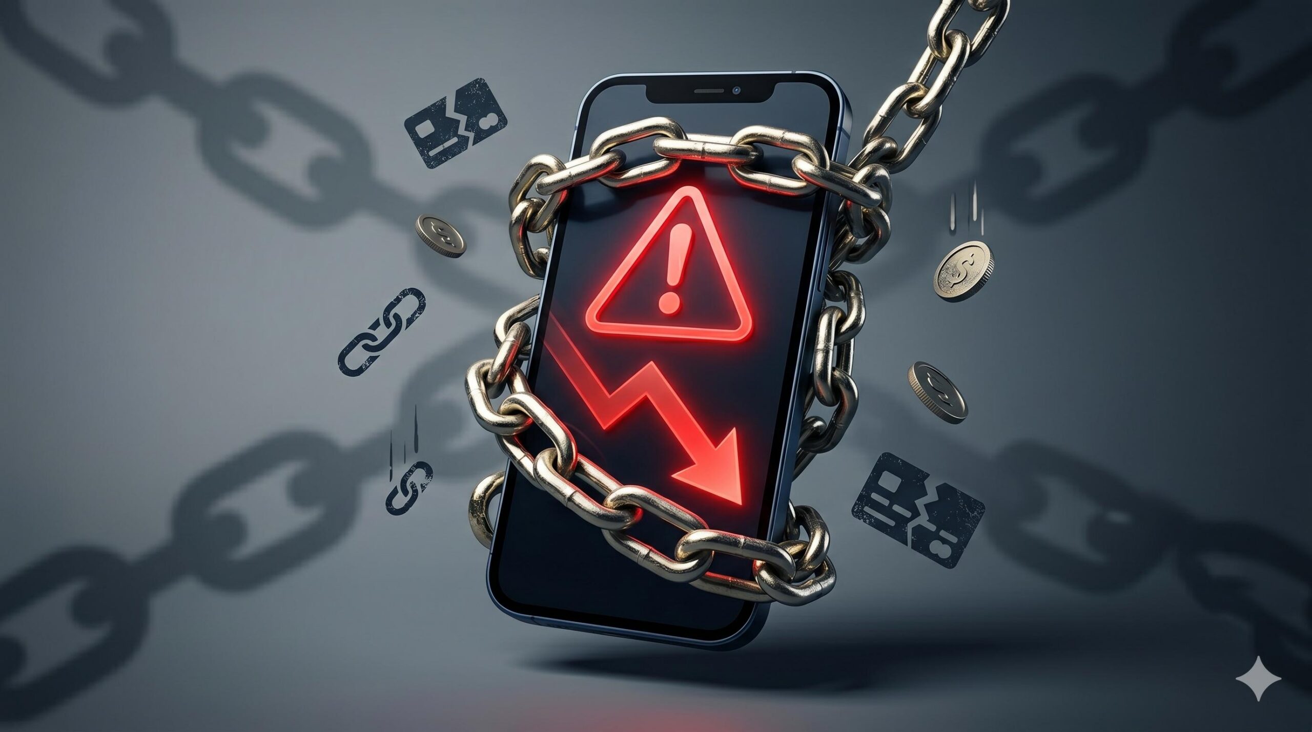 Smartphone wrapped in chains with a red warning symbol representing the debt trap of fake loan apps.