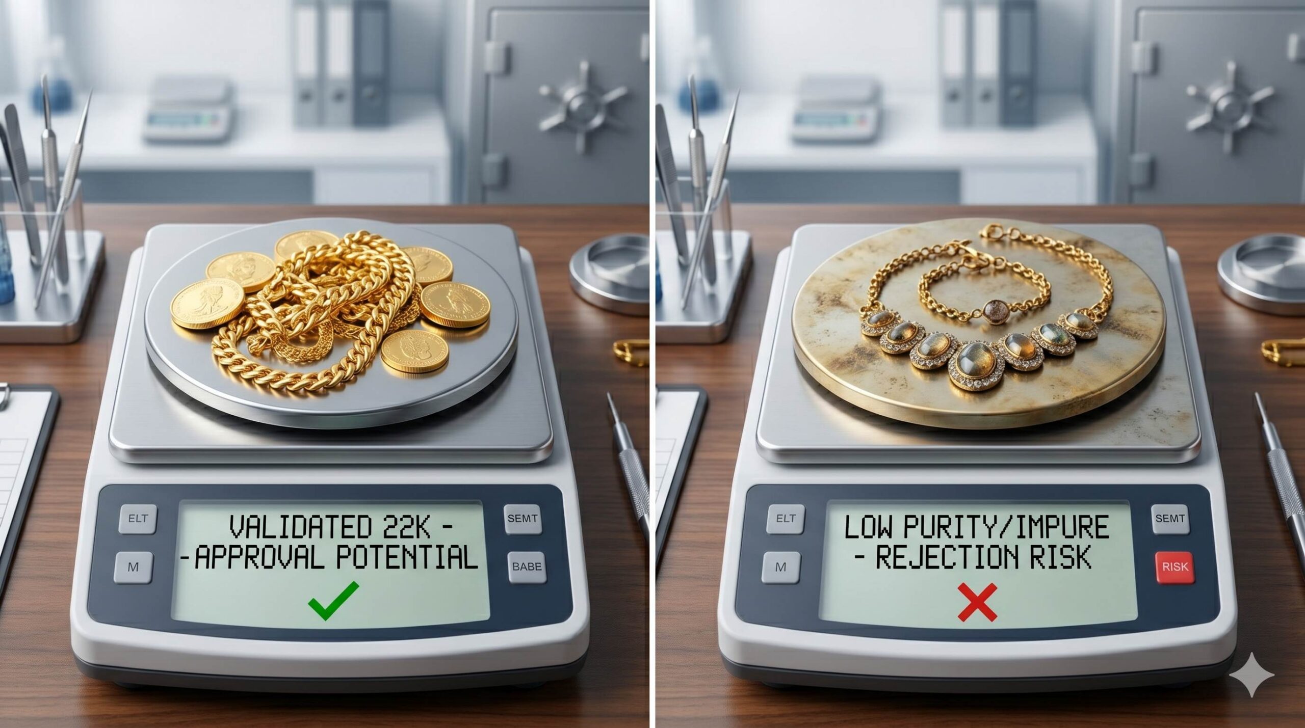 Split screen comparing high-quality vs impure gold jewelry under professional testing.