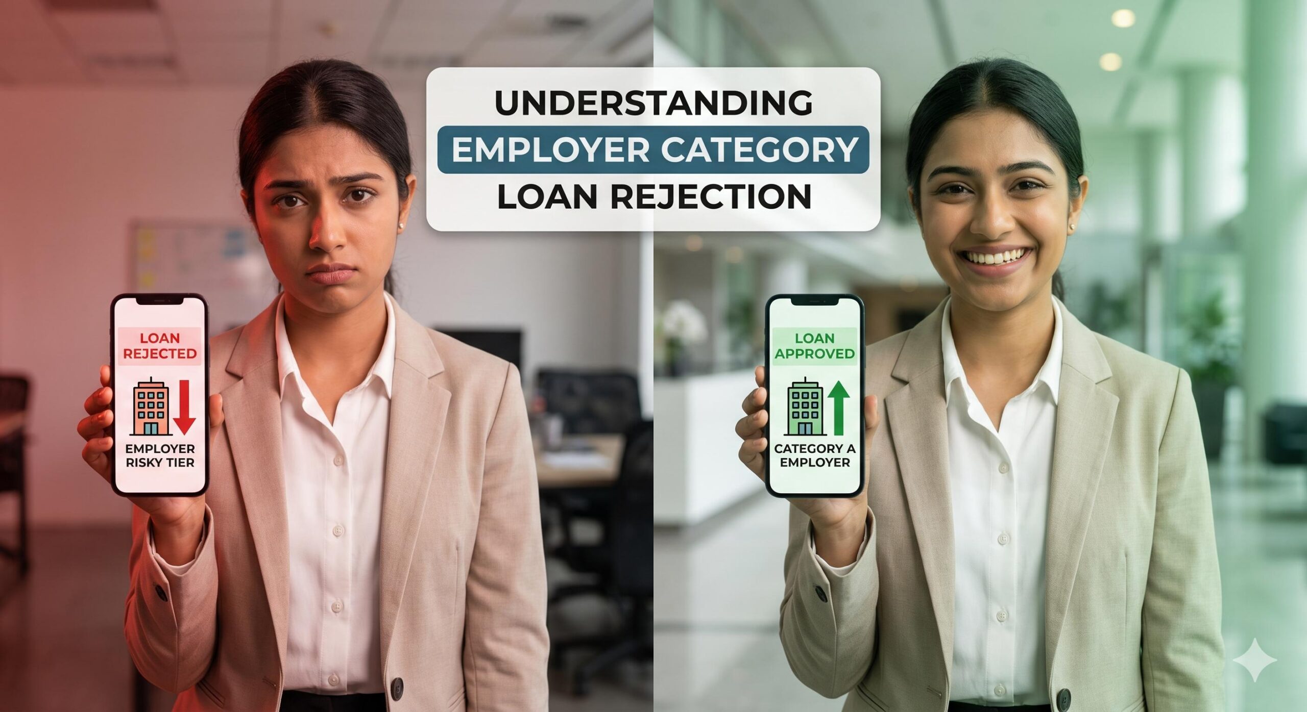 Split visual showing a personal loan rejection outcome vs. an approval outcome based on the employer’s internal risk category.