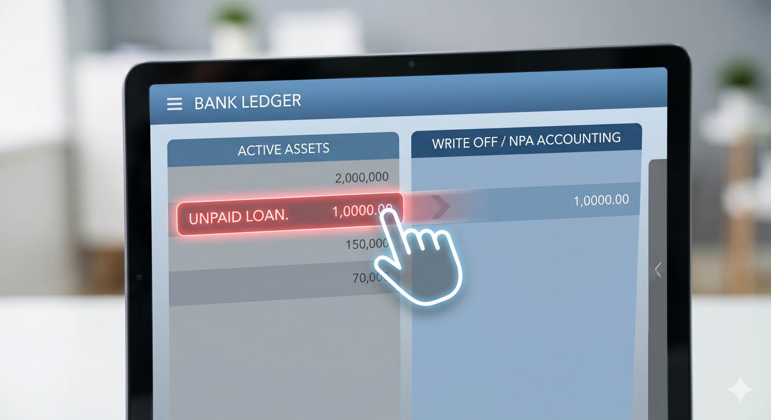 Stylized digital ledger moving a red entry.