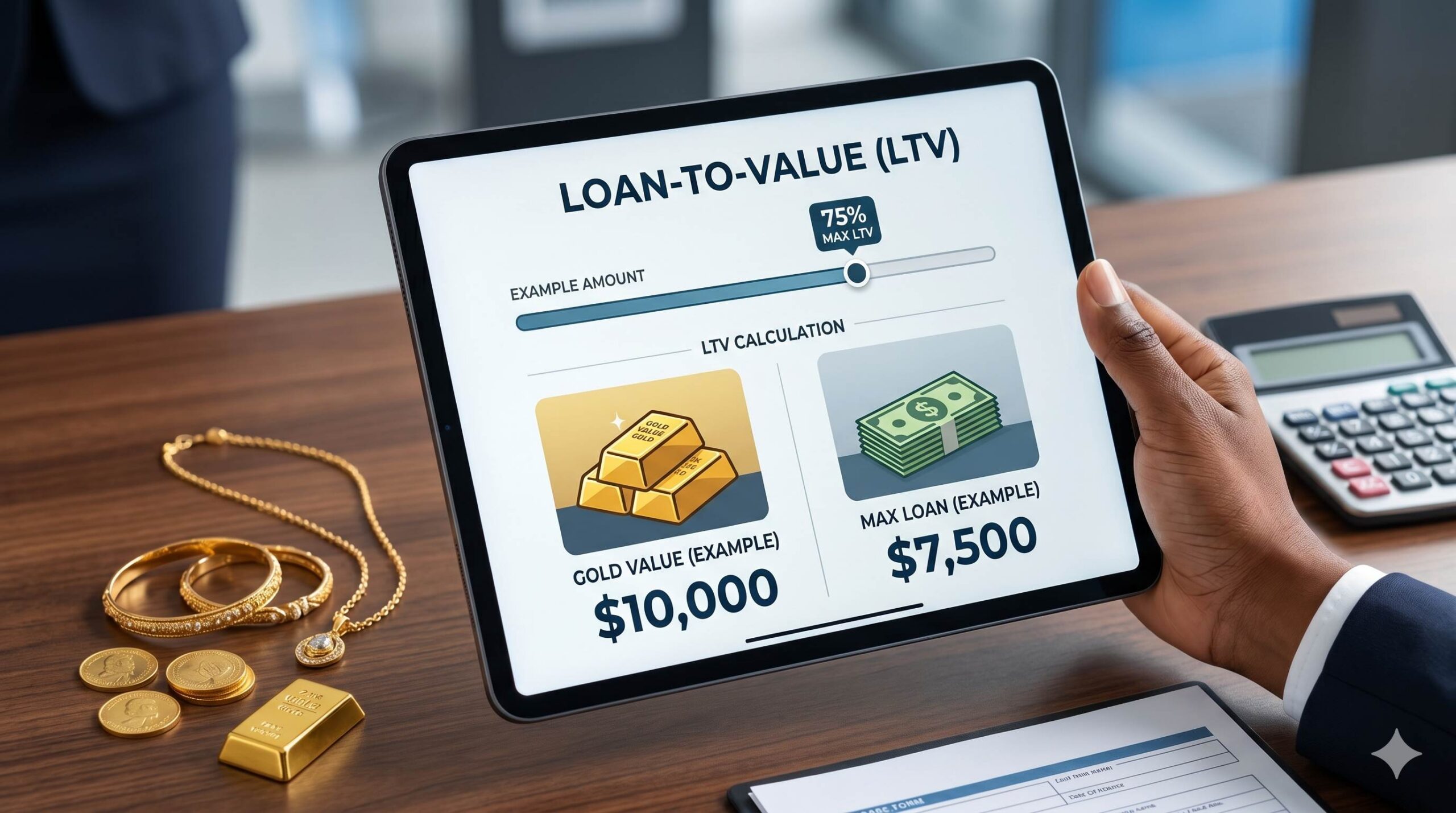 Tablet screen showing Loan-to-Value (LTV) calculation graphic.