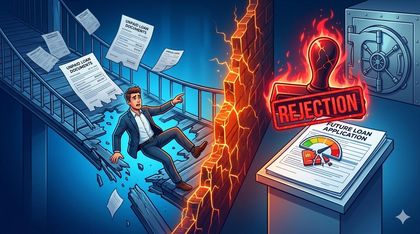 Visual representation of how data theft leads to fake defaults and future loan rejections.