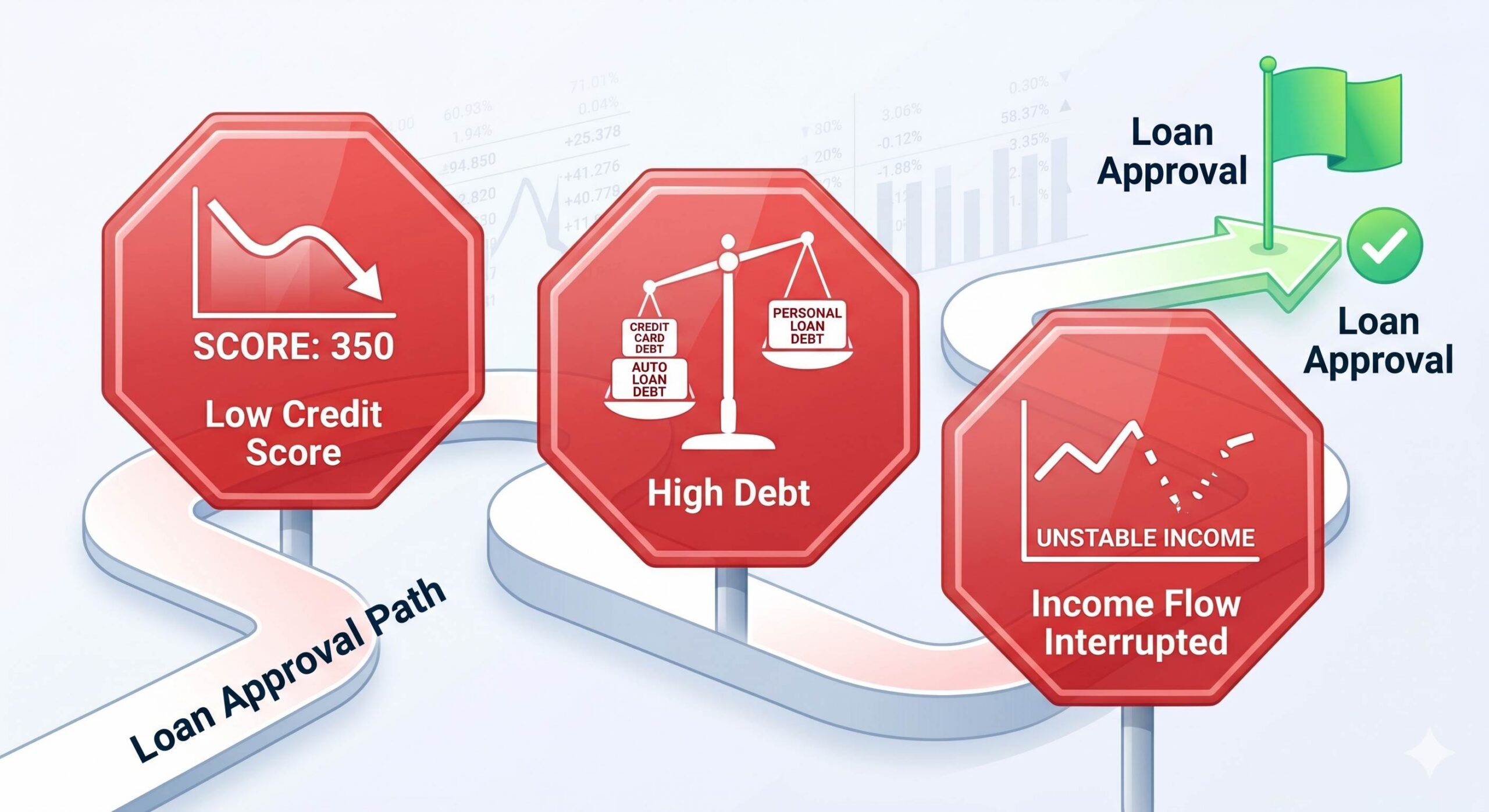 Visualization showing common hurdles for loan rejection, such as low credit score and high debt.