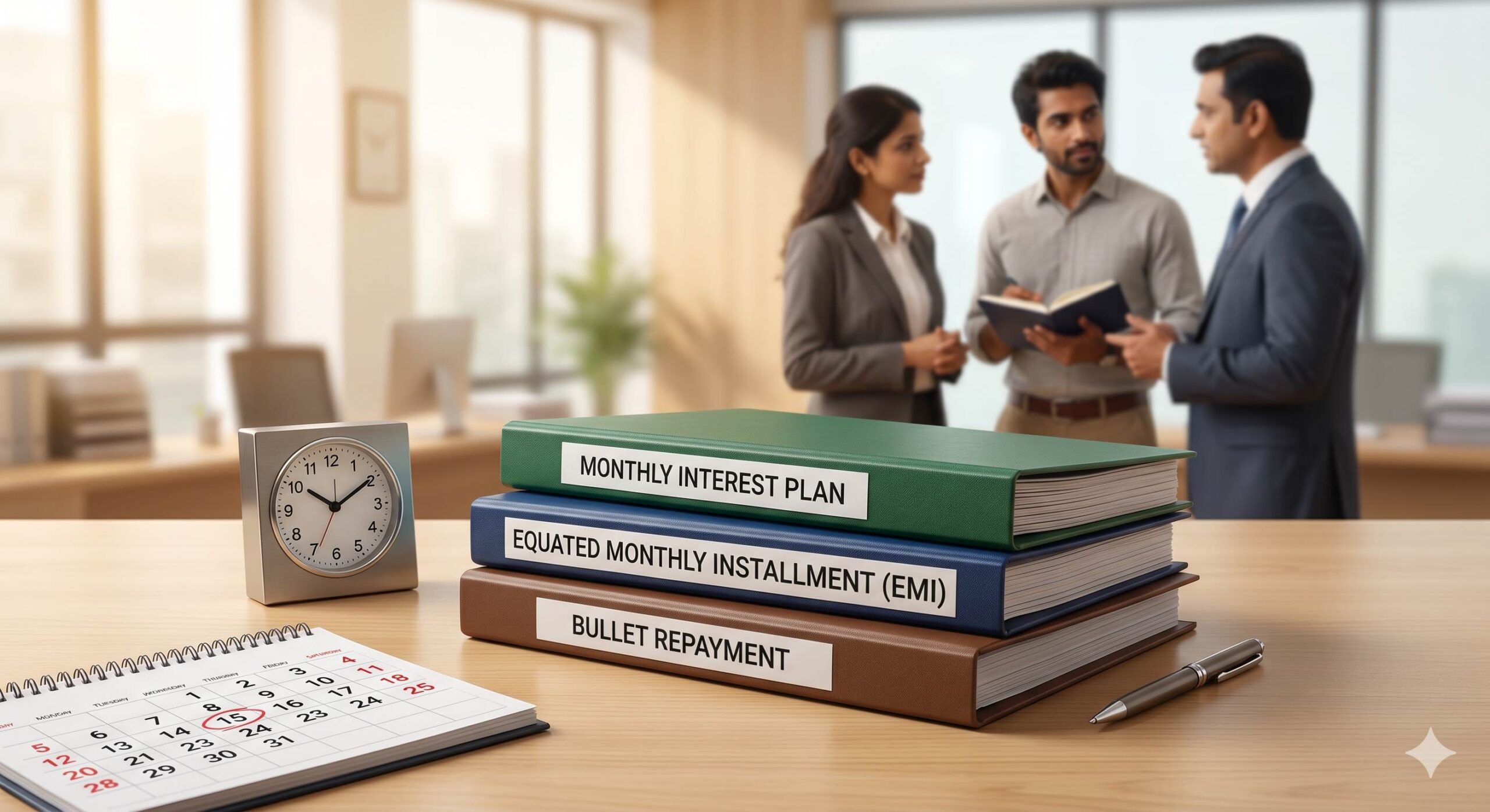 folders on desk labeling different gold loan interest plans and schedules.